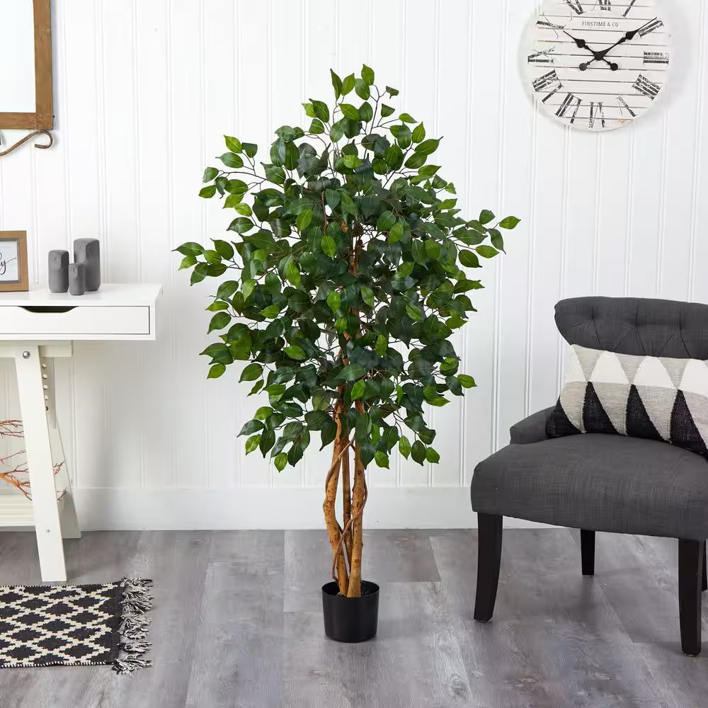 Artificial Ficus Tree 4 Ft 48 Inch Faux Indoor Plant 504 Leaves Black Pot Decor