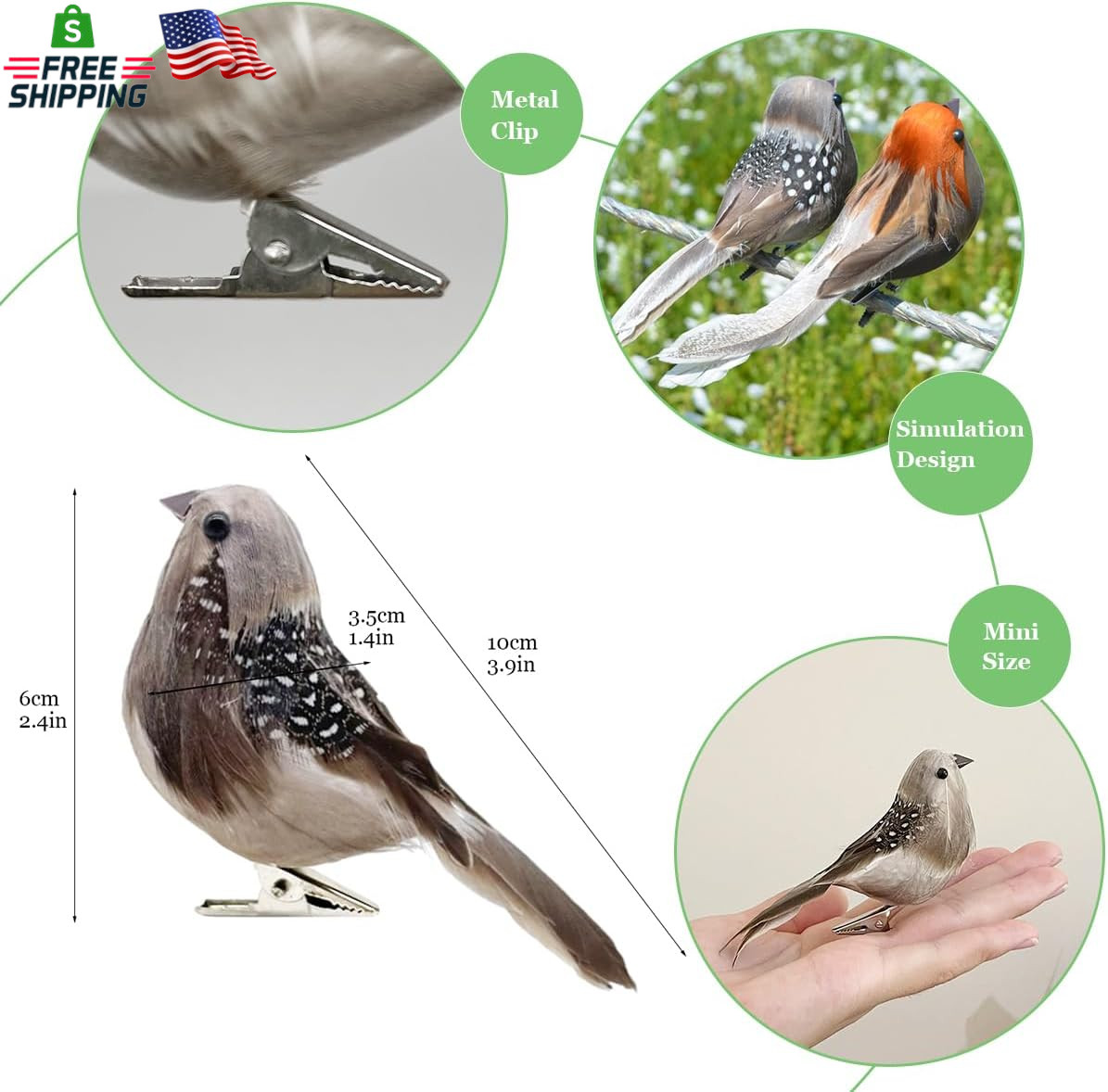 LWINGFLYER 6PCS Decorative Artificial Birds Clip on Realistic Sparrow 4Inch Foam