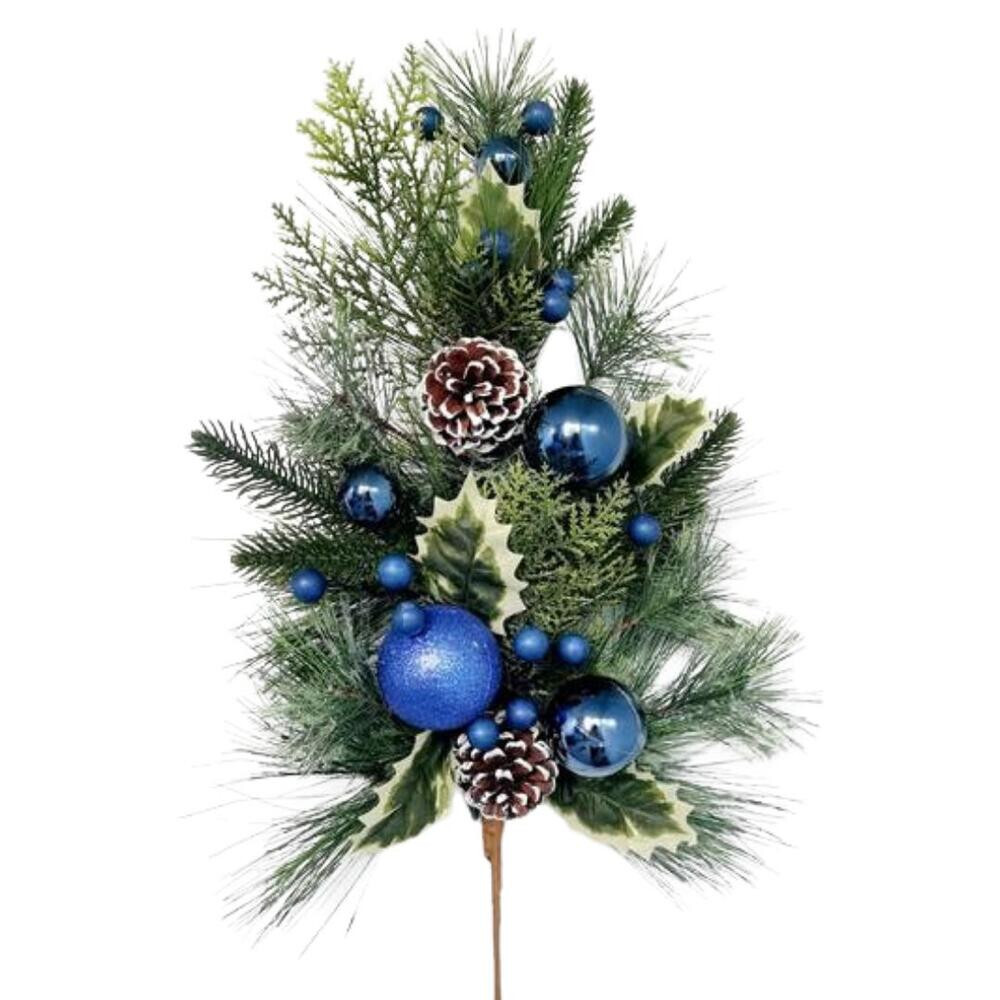 24″ Artificial Mixed Pine, Holly and Blue Ornaments Floral Spray
