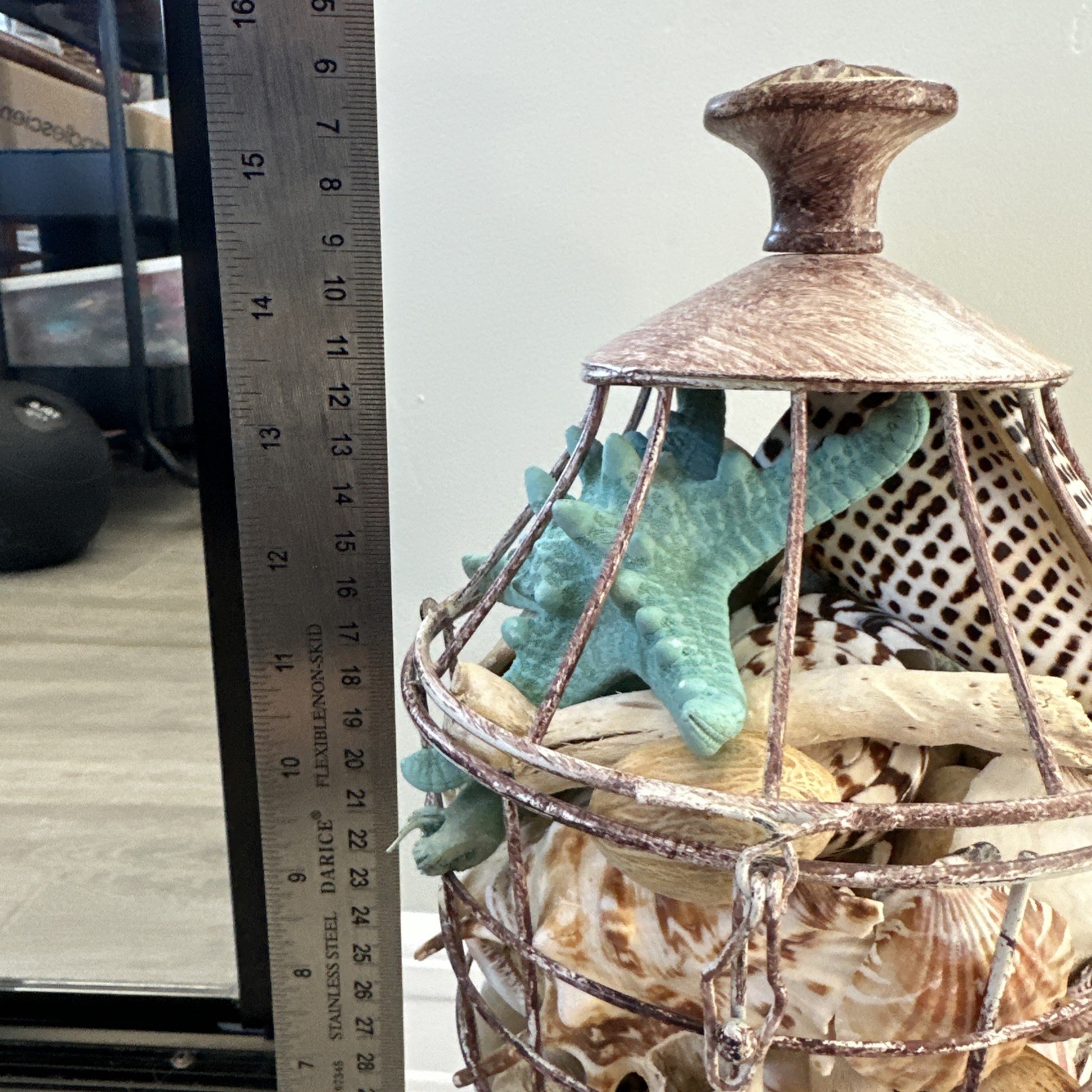 Beach Decore, Decorative Cage With Real Shells And Dried Ocean Plants Theme