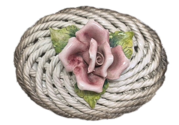 CAPODIMONTE ROSES Floral Basket Trinket Dish 6″x4.5″x4″ ITALY VTGNo Issues
