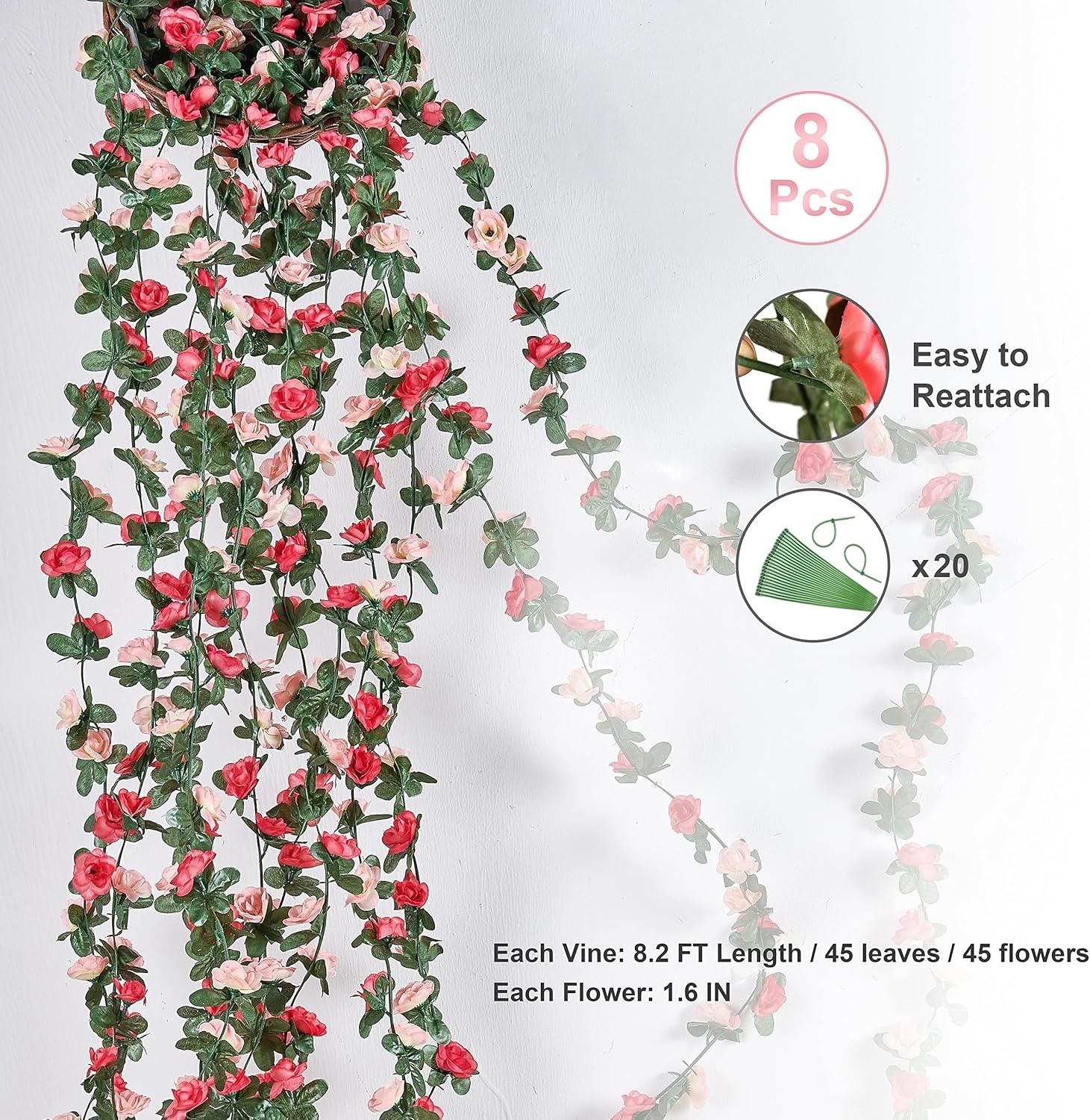 8Pcs 65.6Ft Flower Garland Artificial Rose Vines for Bedroom, Cute Fake Hanging
