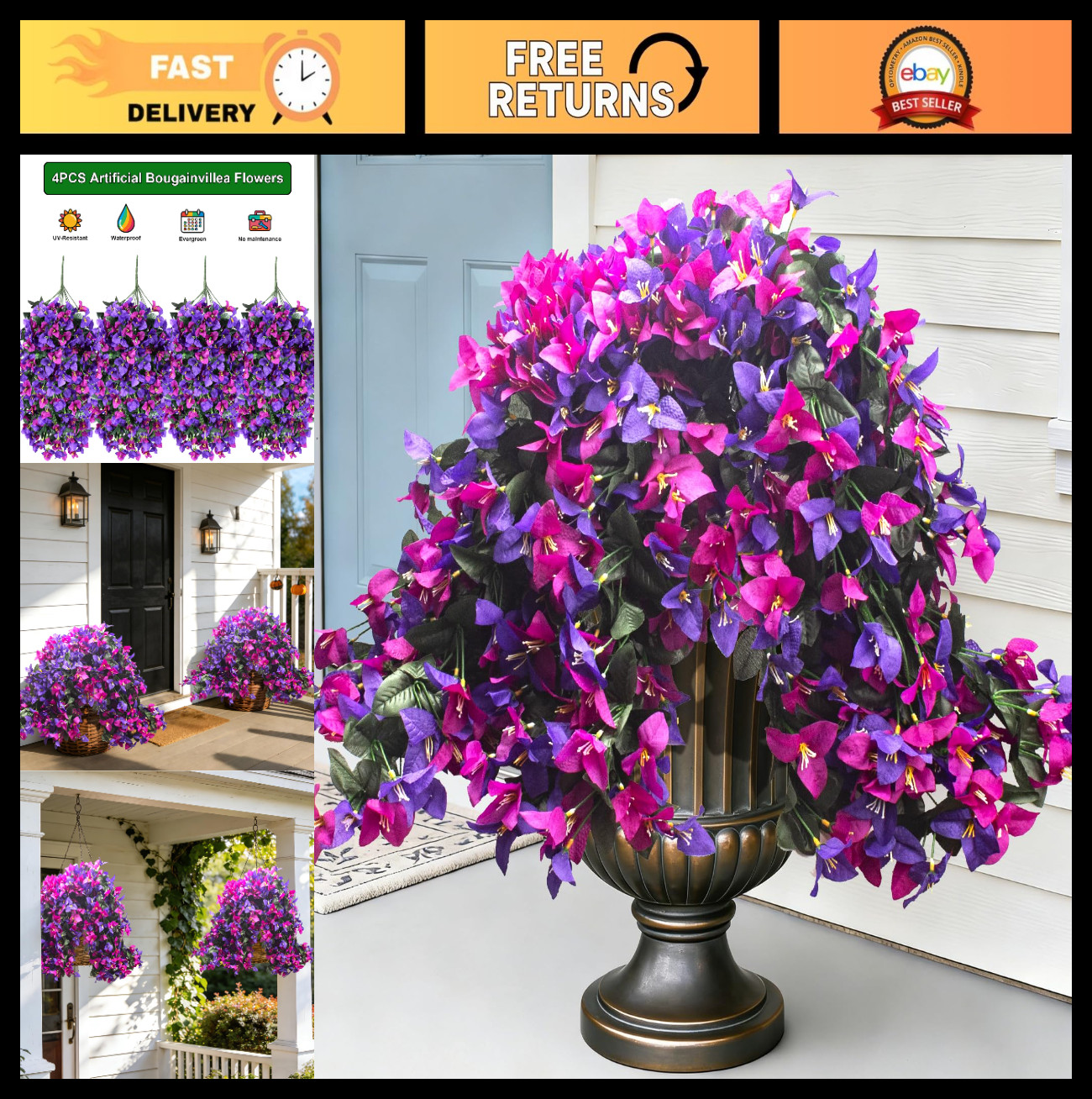 4 Pack UV Resistant Artificial Bougainvillea Flowers – Realistic Silk Hanging Pl