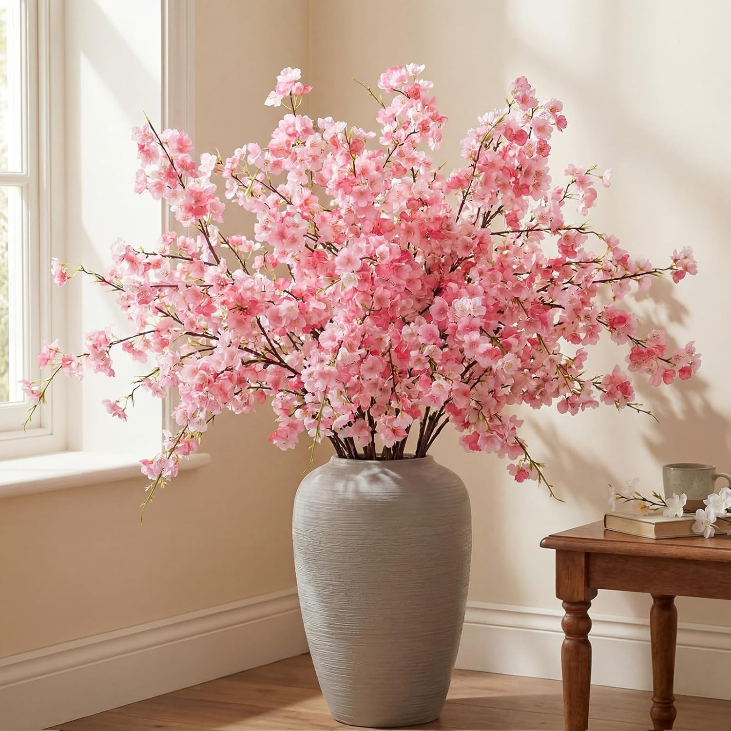 18 Pcs Pink Artificial Cherry Blossom Branches for Home Wedding Decor