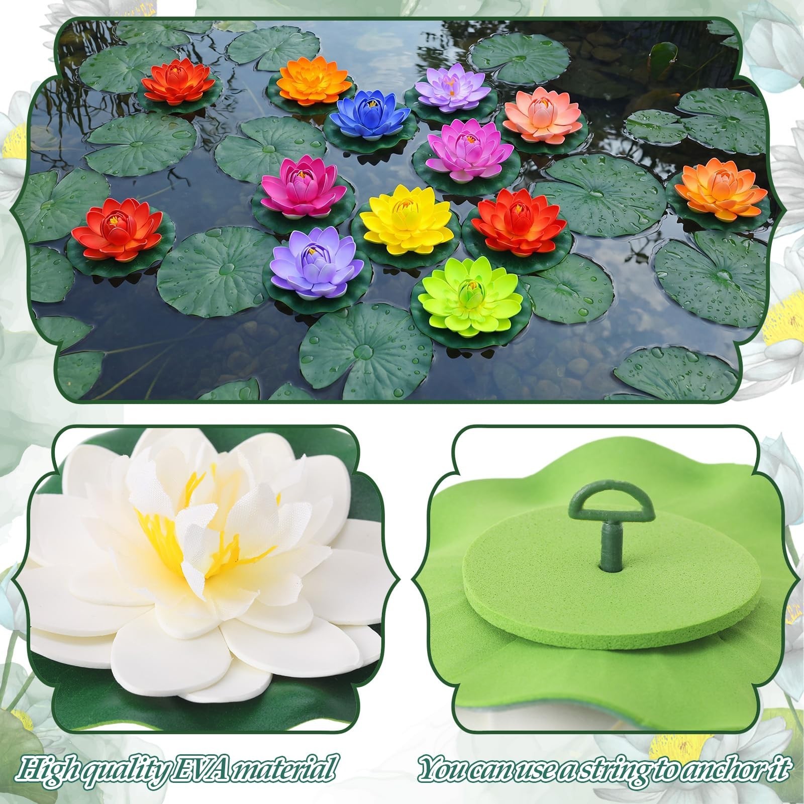 24 Pcs Floating Foam Lotus Flowers & Lily Pads – 14 Colors, Pond Decor, Garden O