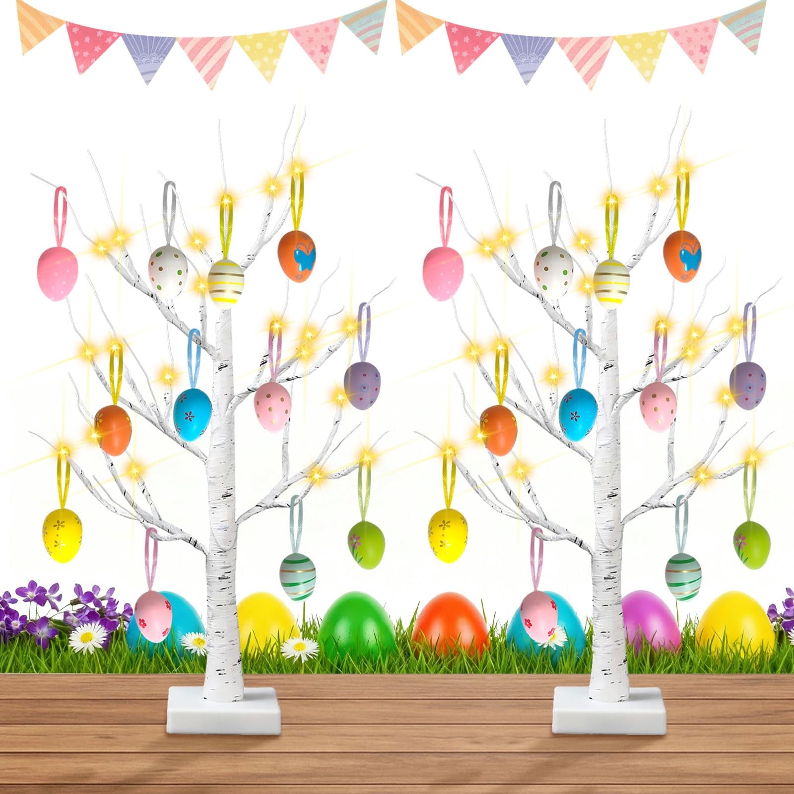 2 Pack Easter Decorations 24 Inch Artificial Lighted Egg Tree, 2