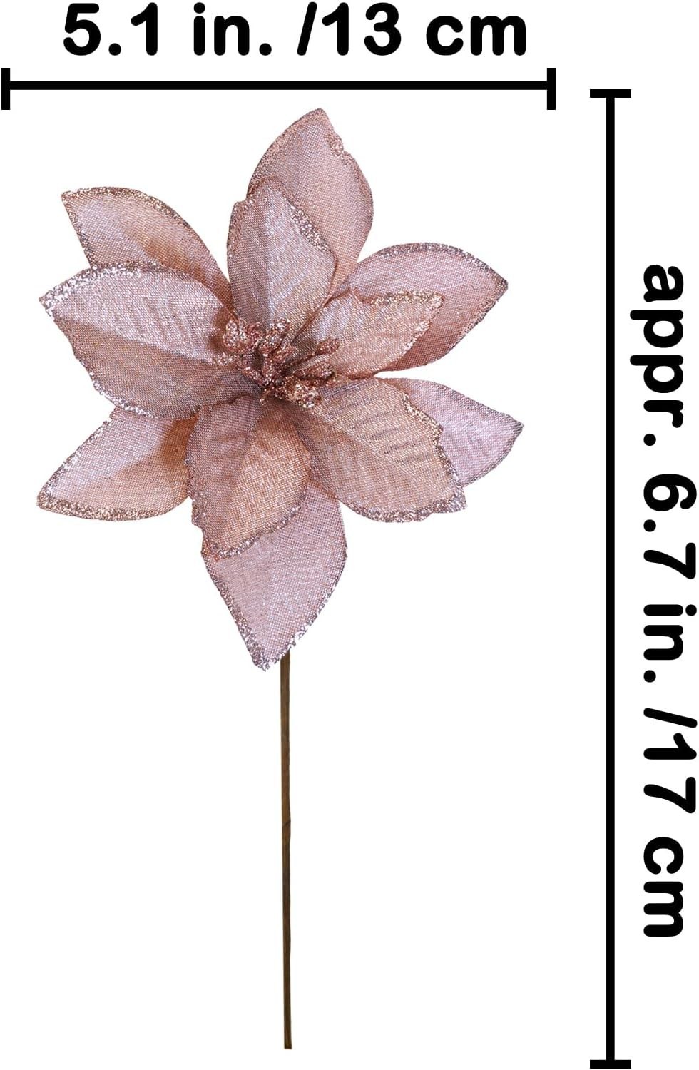 24 Pcs Christmas Glittered Poinsettia Floral Picks Rose Gold Artificial Silk Poi