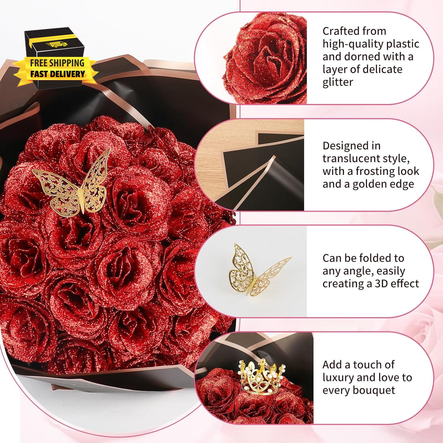 Glitter Roses Bouquet, 24 Roses DIY Fake Glitter Flowers Bouquet, Everlasting Sh