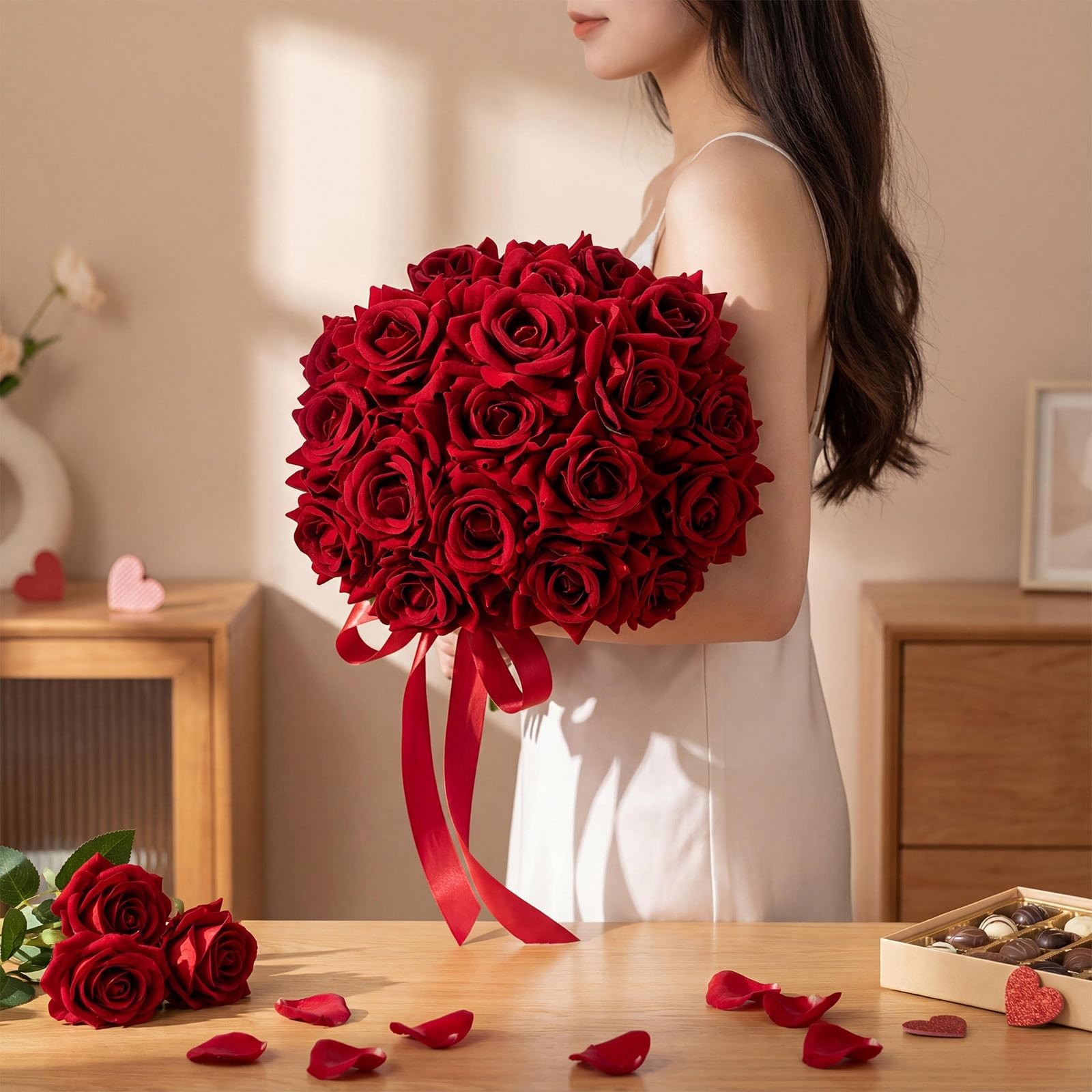 20 PCS Red Roses Artificial Velvet Flowers Fake Silk Rose Faux Floral Bouquet