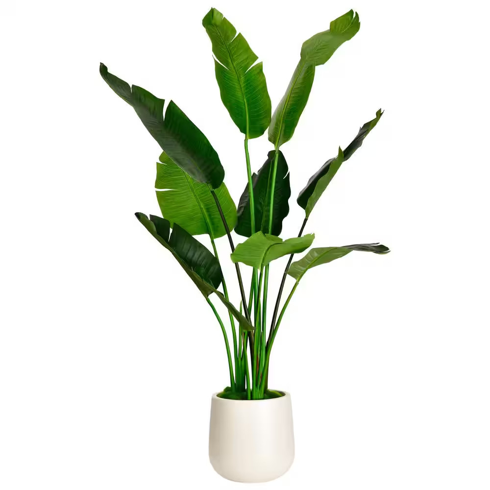 5 Ft. Artificial Banana Leaf Tree Bird of Paradise in White Decor Pot, Faux Gree