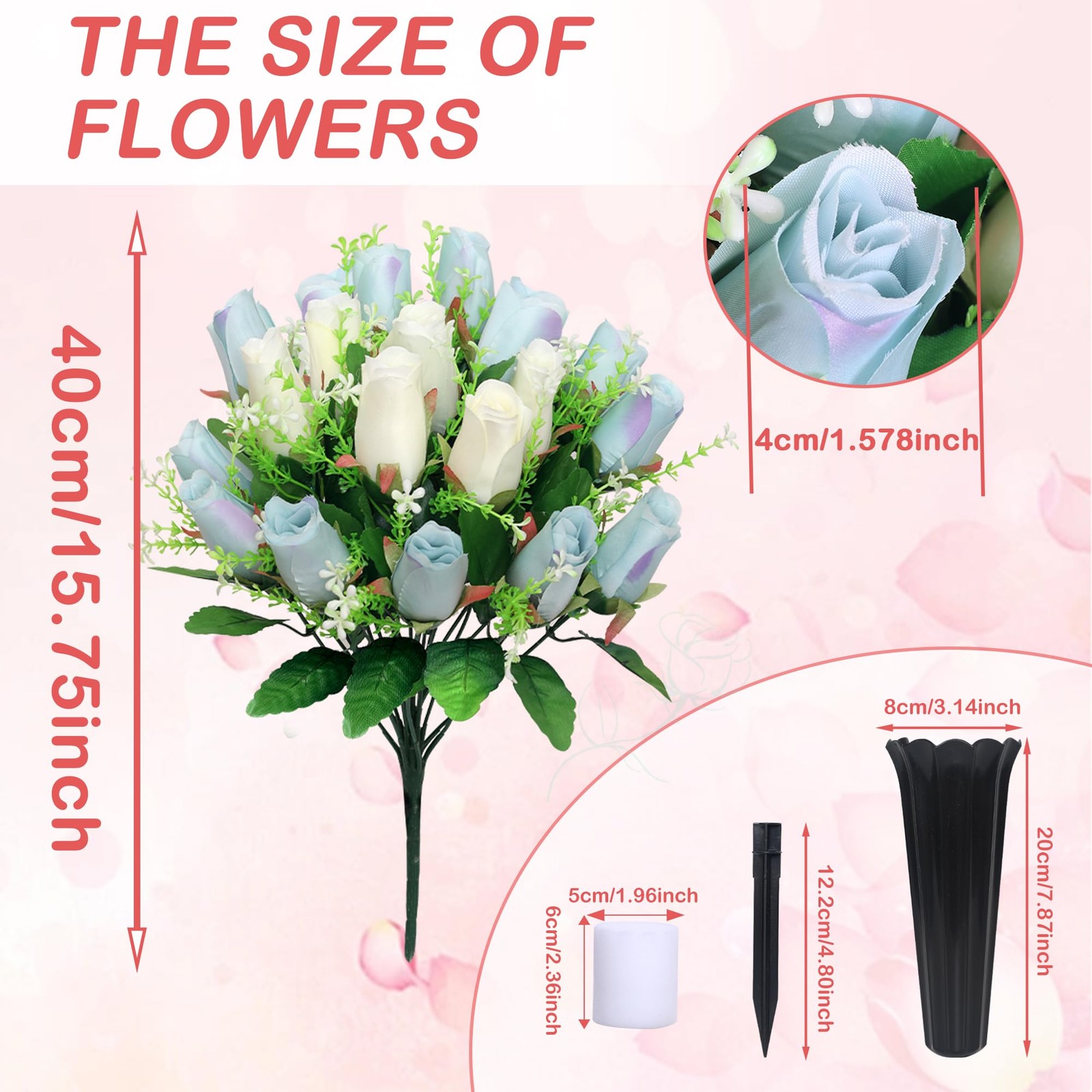 2 PCS Artificial Cemetery Flowers Blue White Memorial Bouquet Heavy Vases
