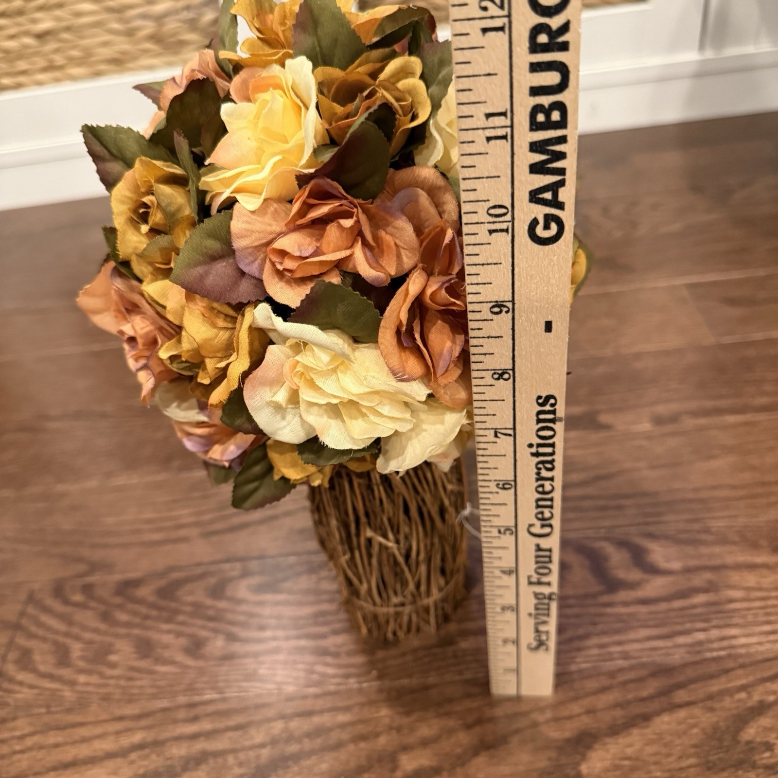 Flower & Straw Twig Standing Artificial Bouquet Of Roses Home Decor- Tan, Brown