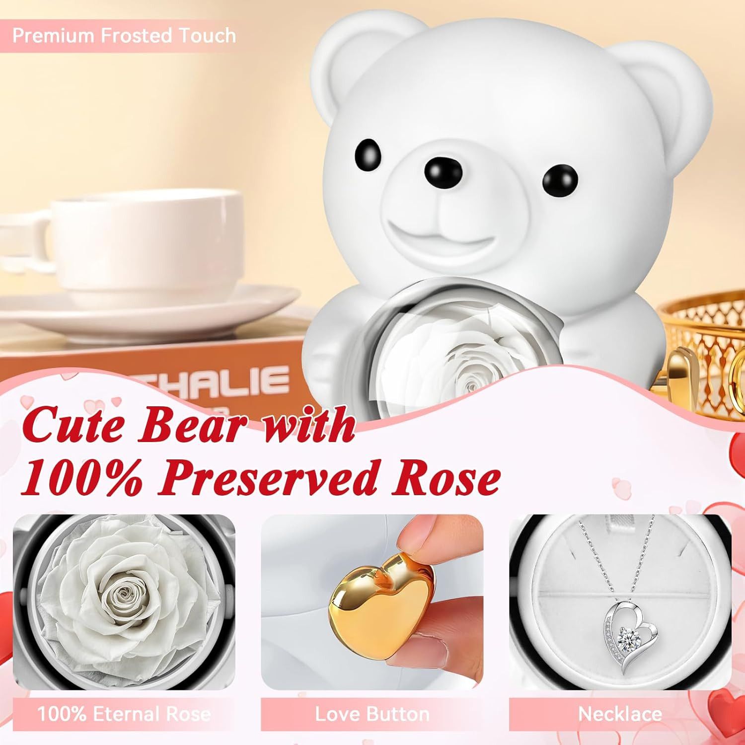 White Teddy Bear Preserved Real Rose Necklace Jewelry Box Gift for Her Valentine
