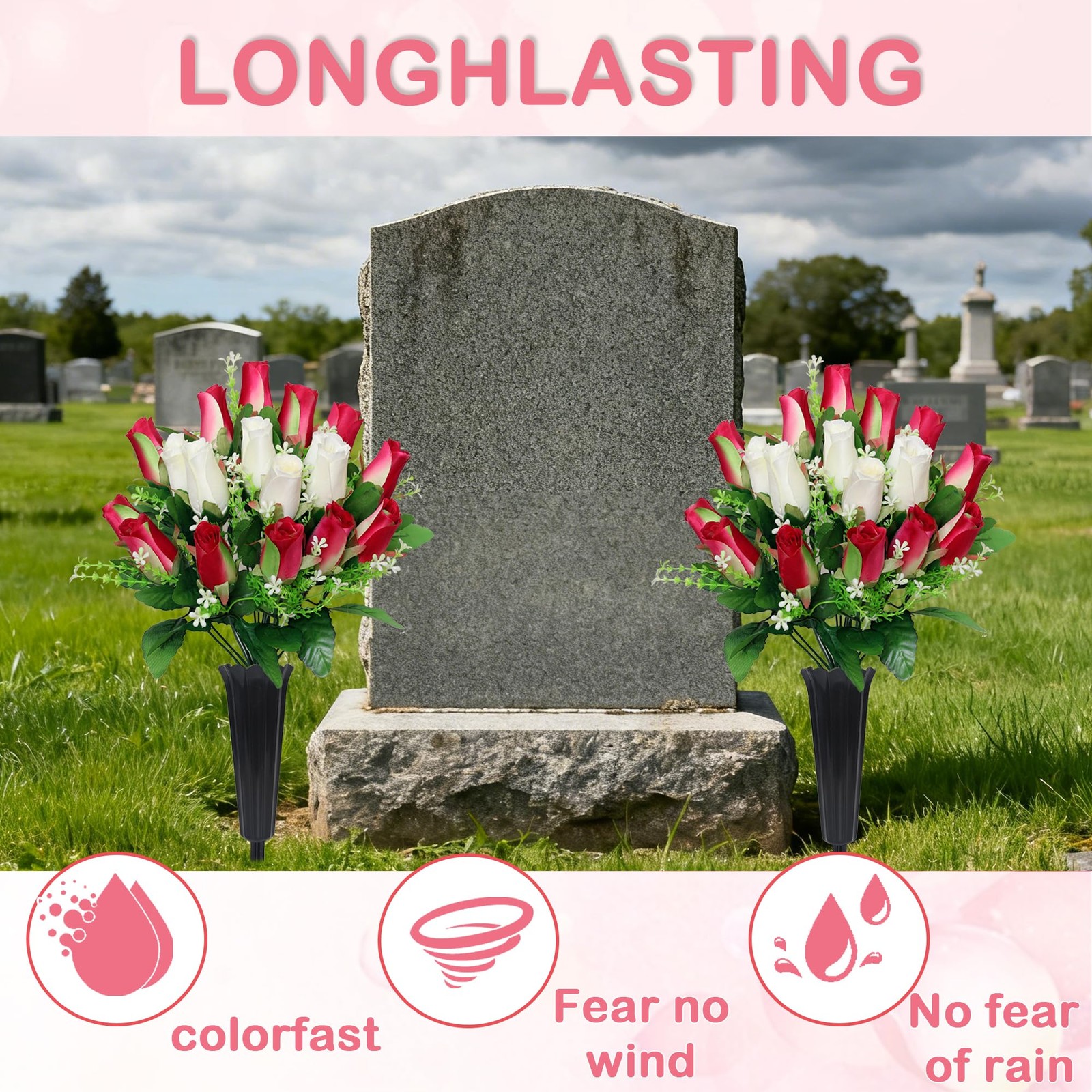 2 Sets Artificial Cemetery Flowers with Vase – Memorial Flowers Bouquet & Hea…