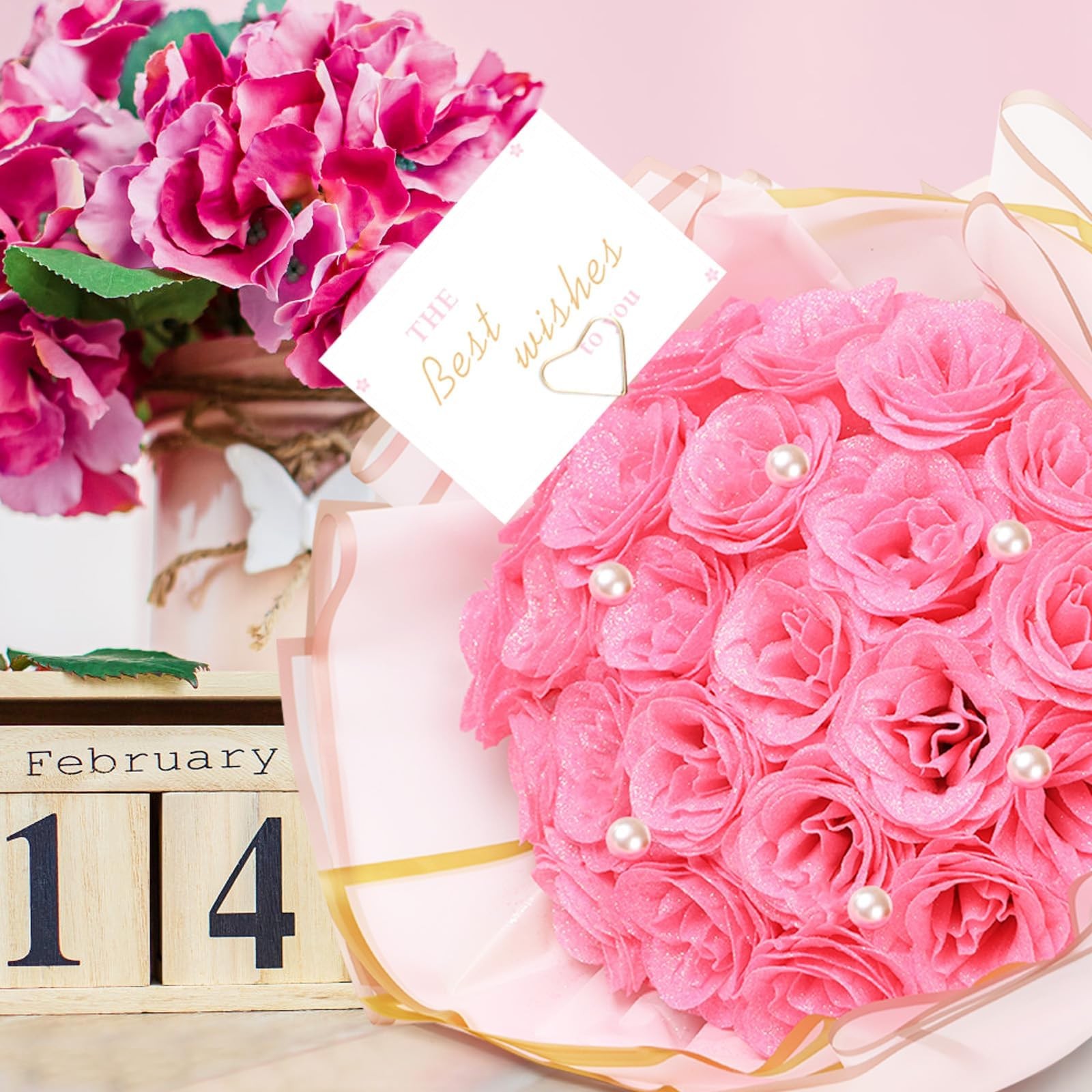 Glitter Roses Bouquet,24 Pcs Pink Flower Bouquet,Gifts for ,DIY Artificial Fl…