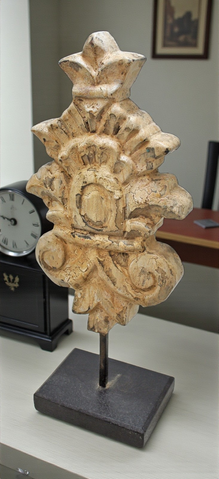 Hand Carved Wooden Flower Carving Panel Plaque on Stand Rustic White Painted