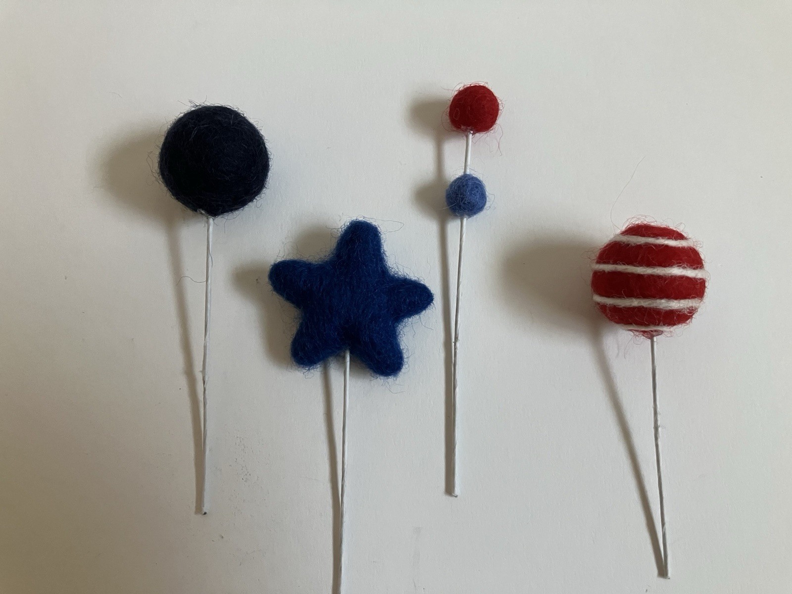 Set of 4 Felted Heart Ball Bouquet. Patriotic. Red White And Blue