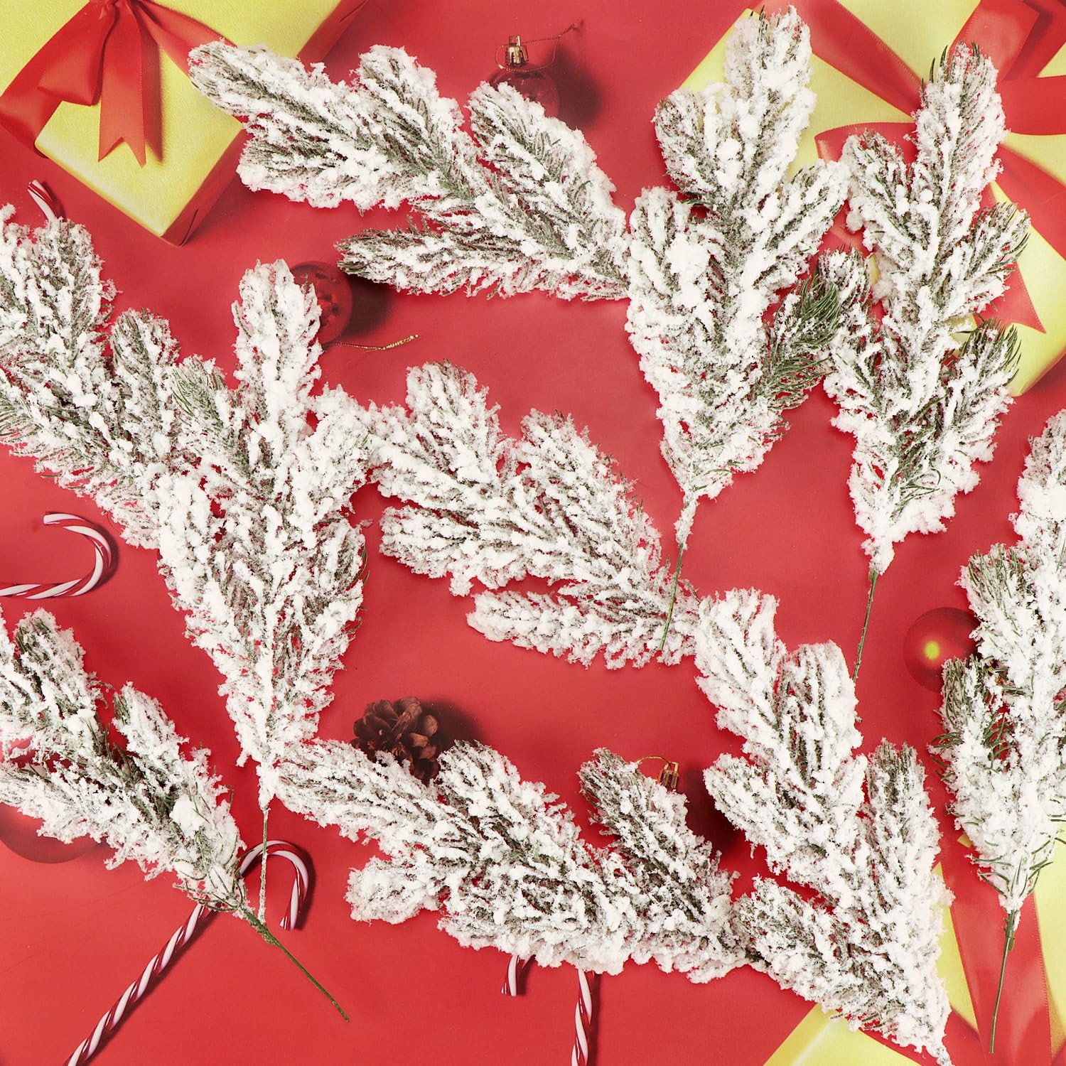 12Pc Snowy Artificial Pine Needles – Branch Twigs 10.6″ Holiday Decor for Crafts