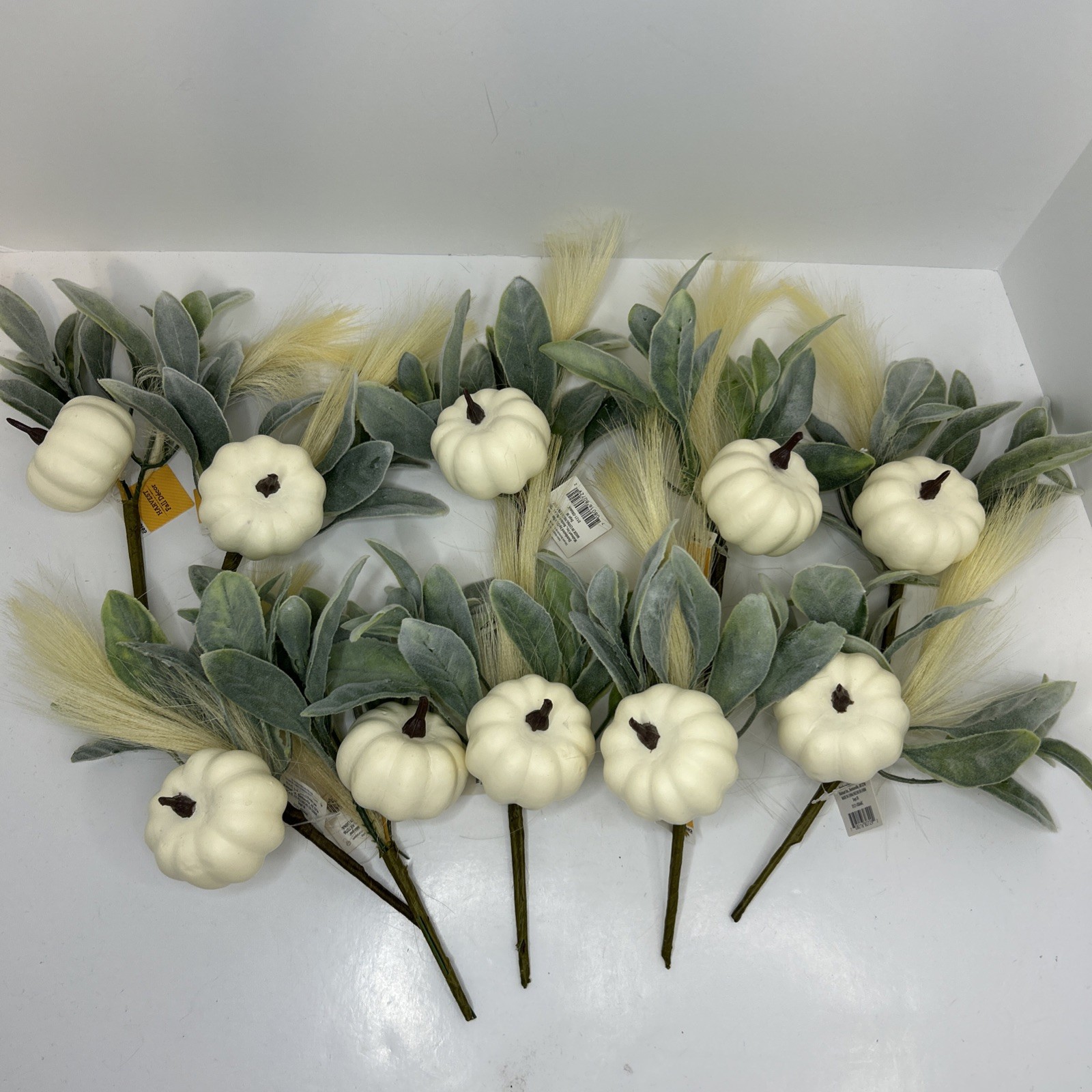 10 Artificial Fall Pumpkin Floral Pick W/Faux Lambs Ear & Feather Grass