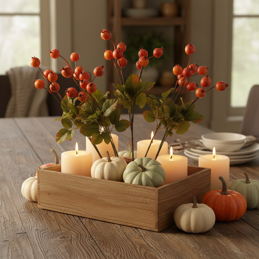 Artificial Floral Berry Stem With Orange & Green Leaves For Seasonal Decor