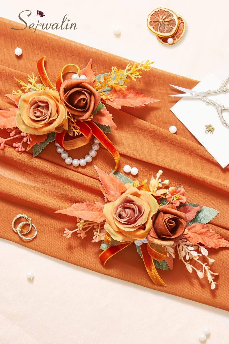 2 PCS Orange 6-7 Inch Wrist Corsage Boutonniere Set Wedding Prom Ceremony