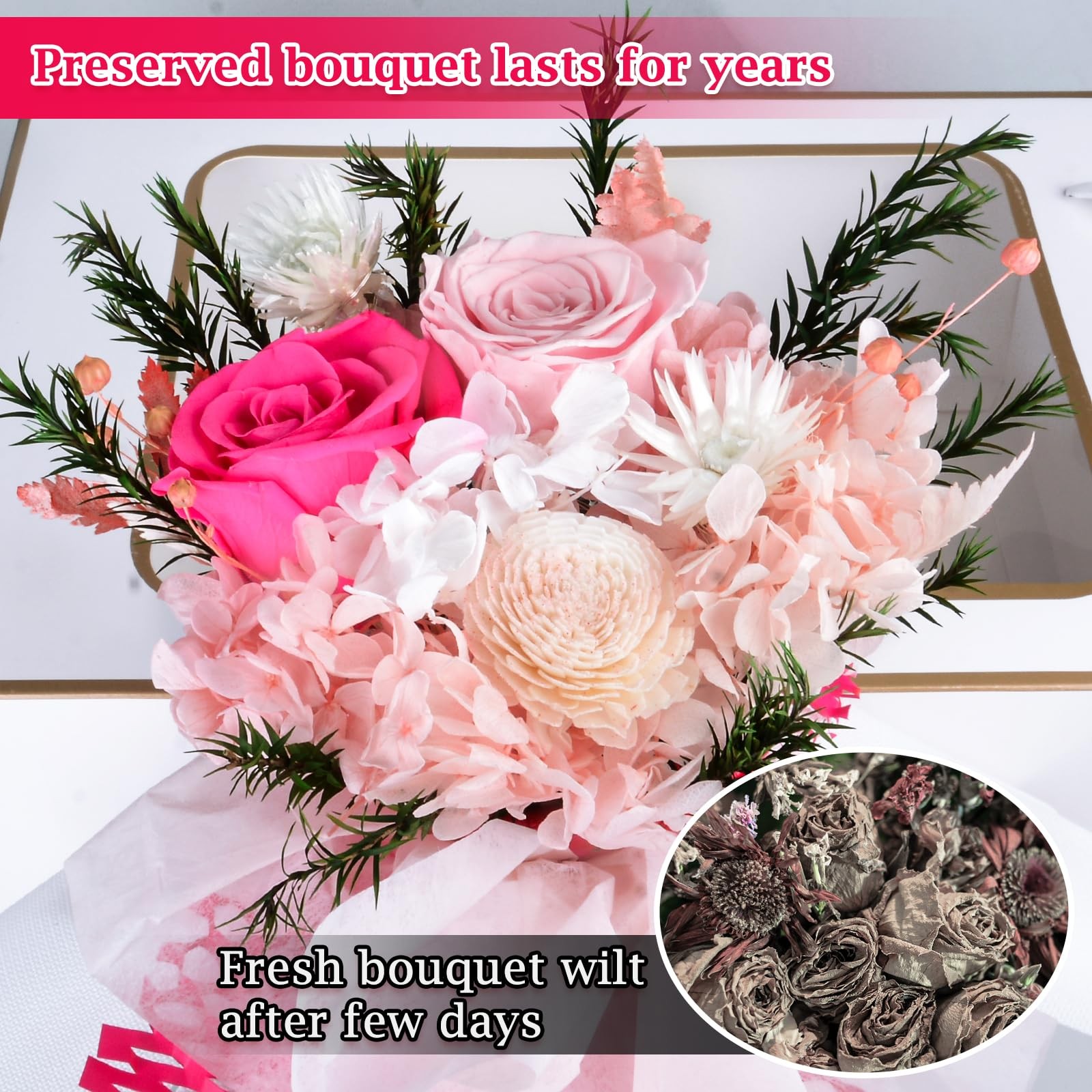 Pink Preserved Flowers Bouquet Long Lasting Real Roses Gift for Her Mom Wife