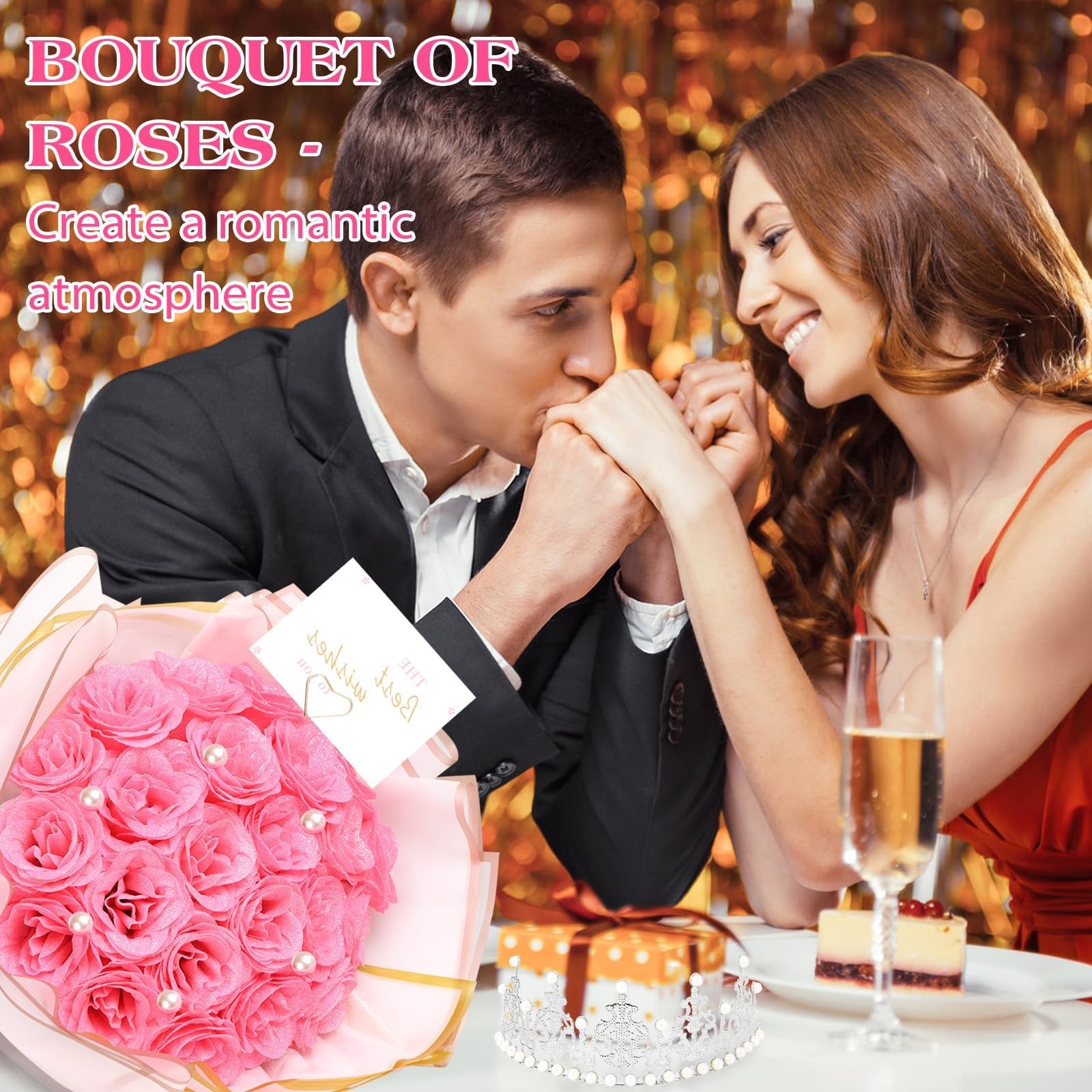 Glitter Roses Bouquet,24 Pcs Pink Flower Bouquet,Gifts for ,DIY Artificial Fl…