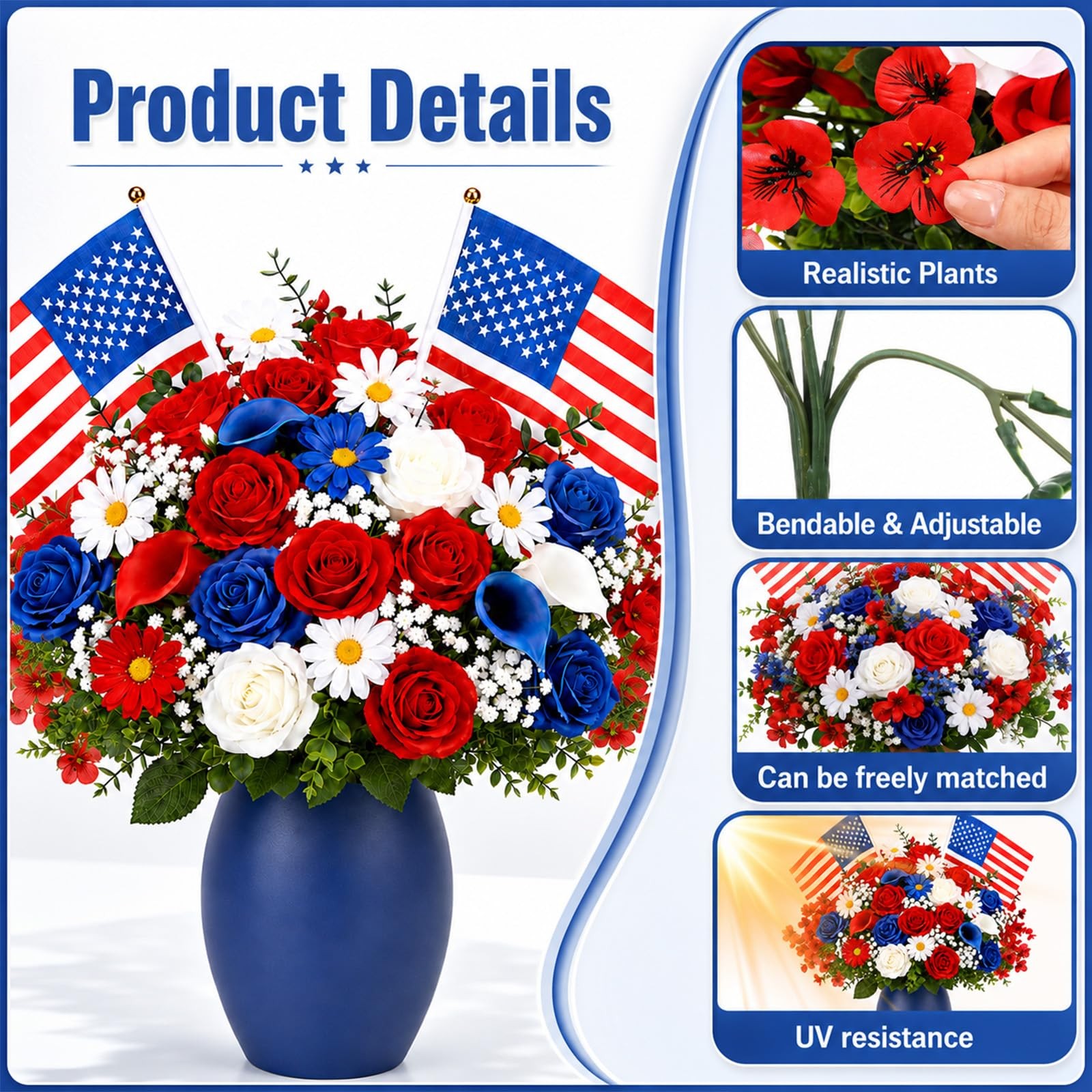 40 Pcs Memorial Day Artificial Flowers for Cemetery Red White and Blue Flower…
