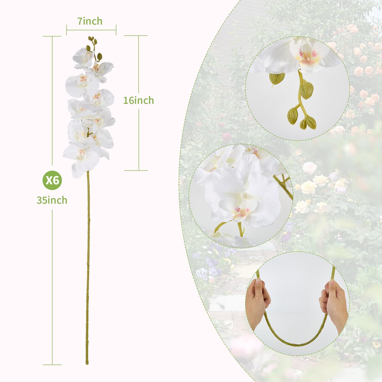 OBDXZHC 6 Pcs Artificial Orchid Stems 33.5″ Tall 9 Large Petals Fake White Ph…