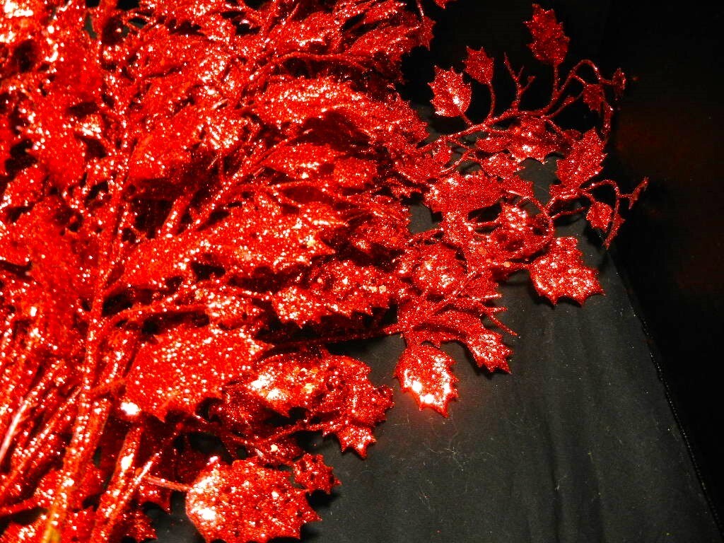18 Artificial 24″T RED Glittered Oak Leaves Branches Stems Crafts Centerpiece