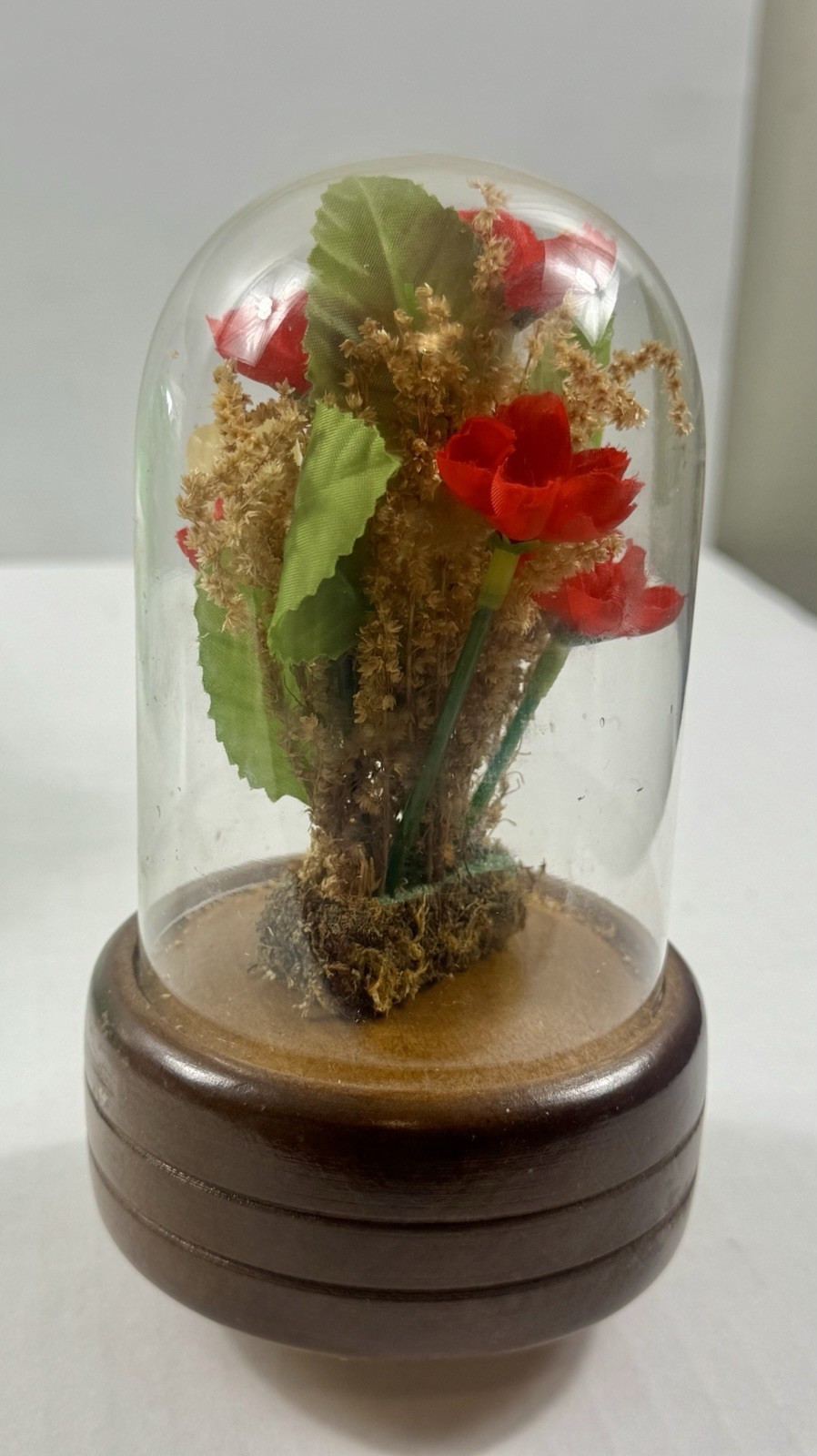 Artificial Red Rose Flower Arrangement in Glass Dome with Wood Base, 6 in Tall