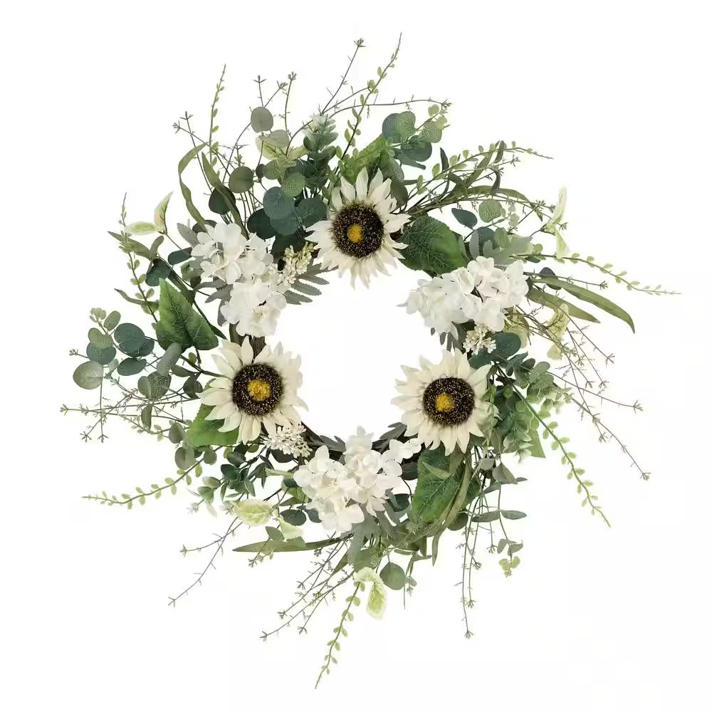 24 In. Artificial Sunflower and Hydrangea Floral Spring Wreath