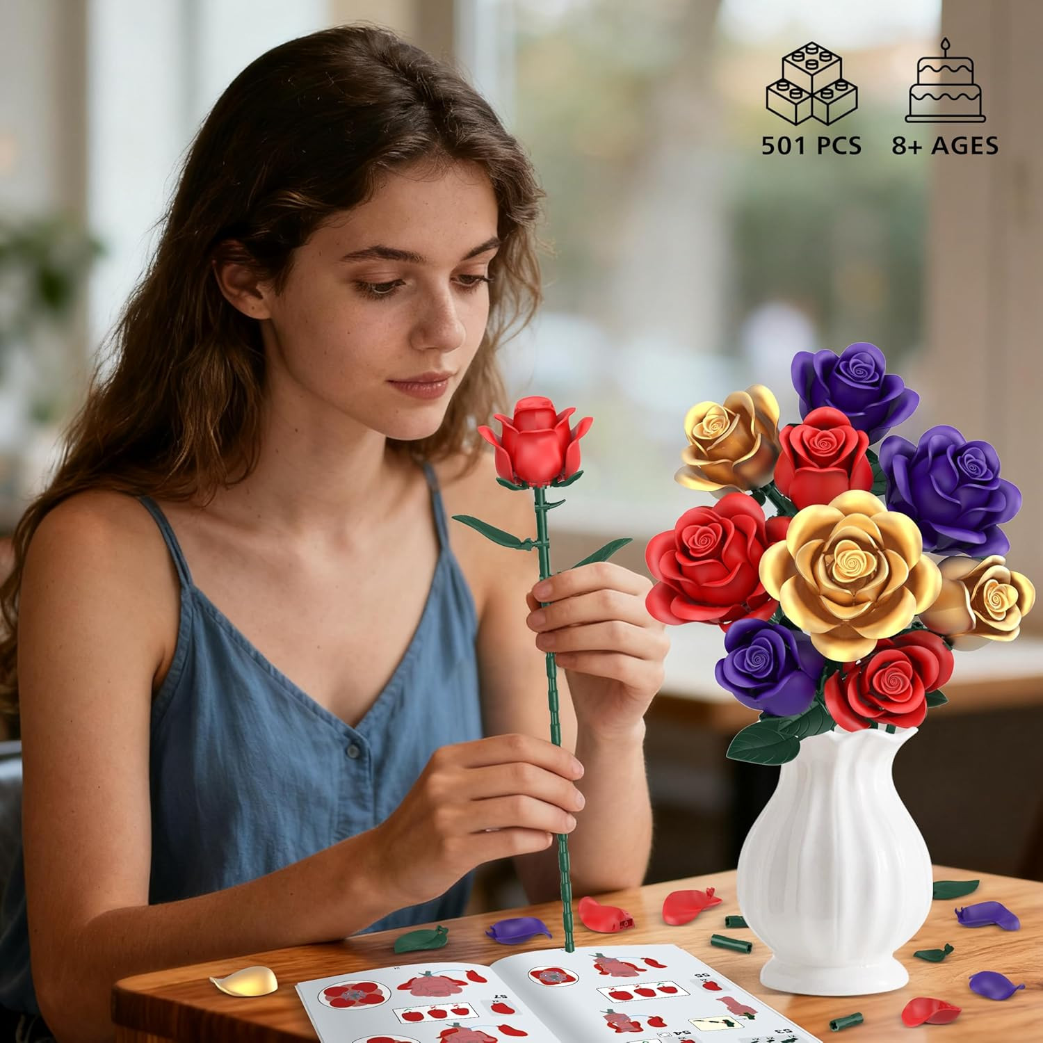 Rose Bouquet Flowers Building Set, 501Pcs Red Purple Golden Roses Artificial Flo