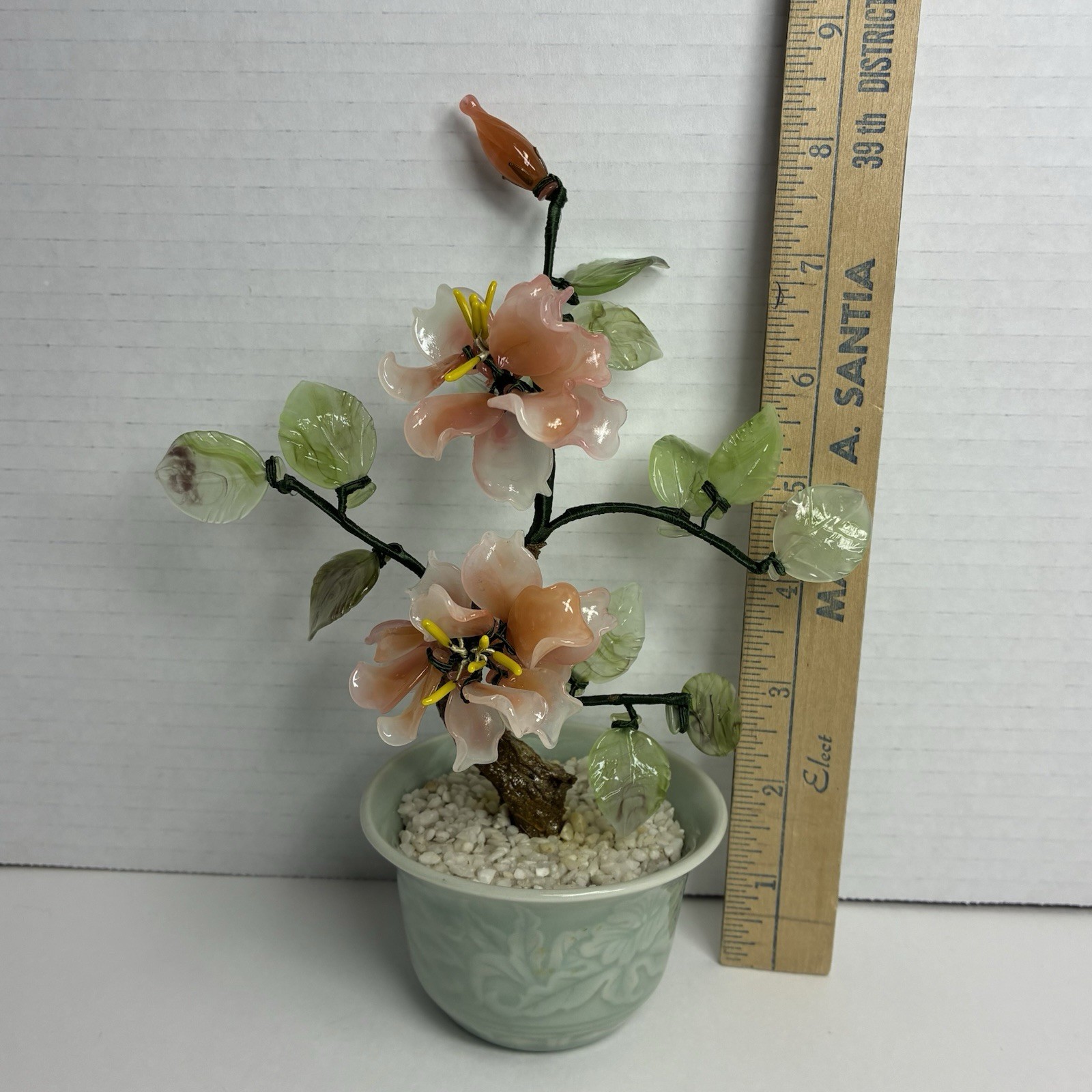 Vintage Glass Bonsai Flowering Tree In Decorative Pot -Pink Flowers Approx 9”