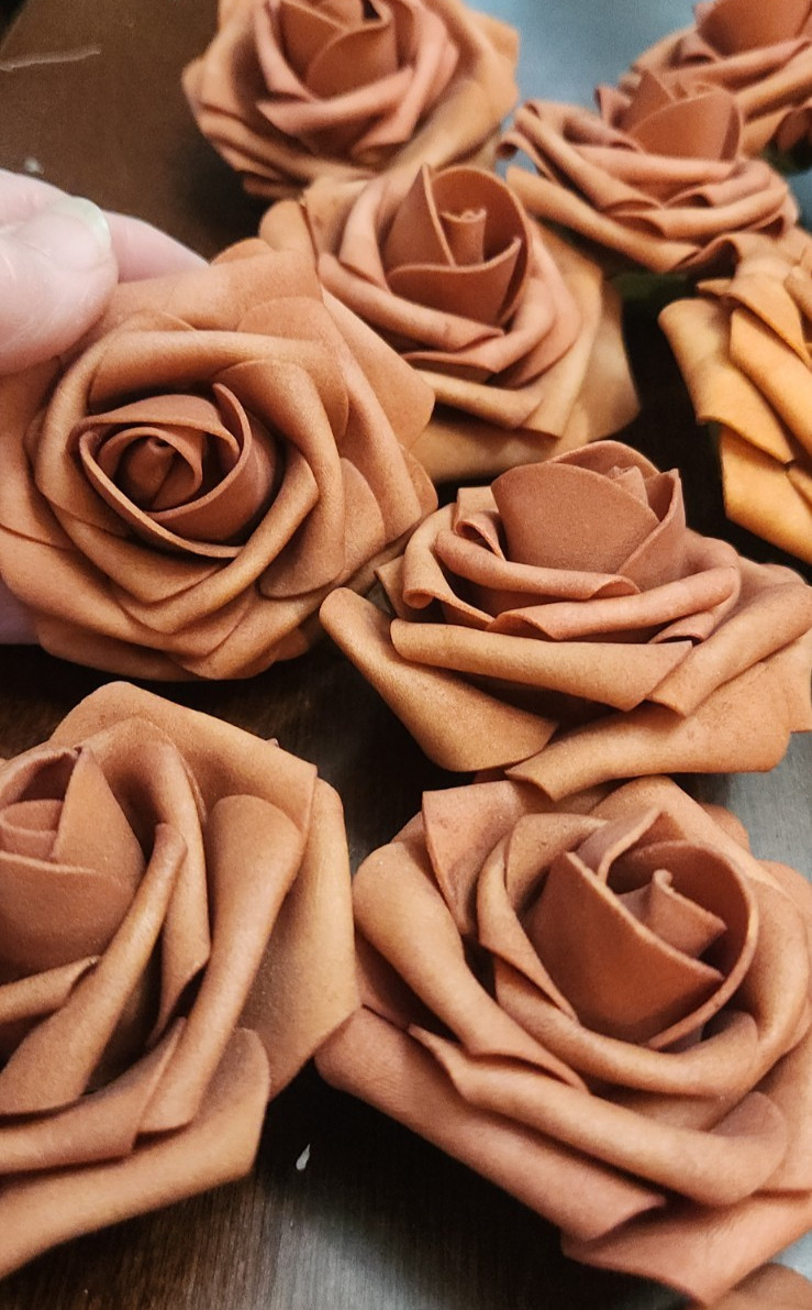 21 Foam Flower Blossom Heads Roses Terracotta Sunset & Burnt Orange Stemless
