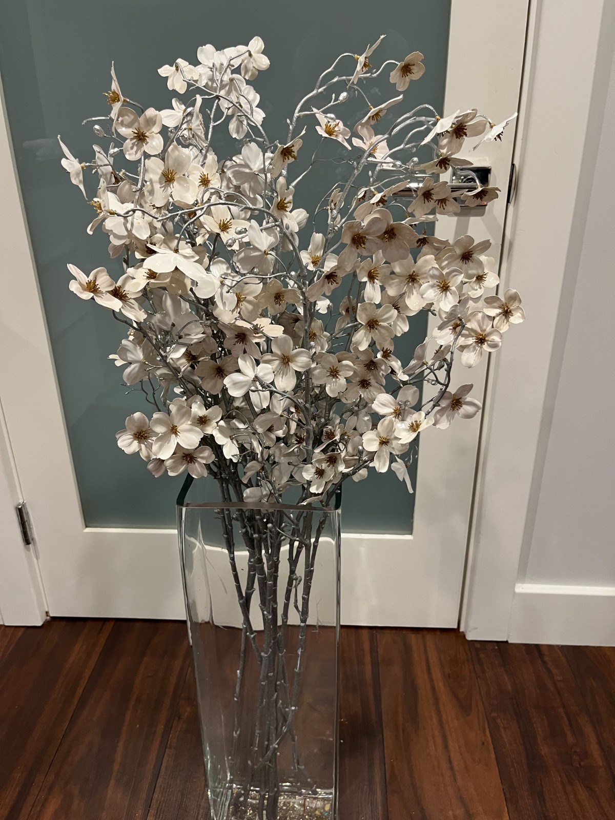 White Gloss Flowers with Gold Center on Silver Stem – 42” Faux Floral Stem