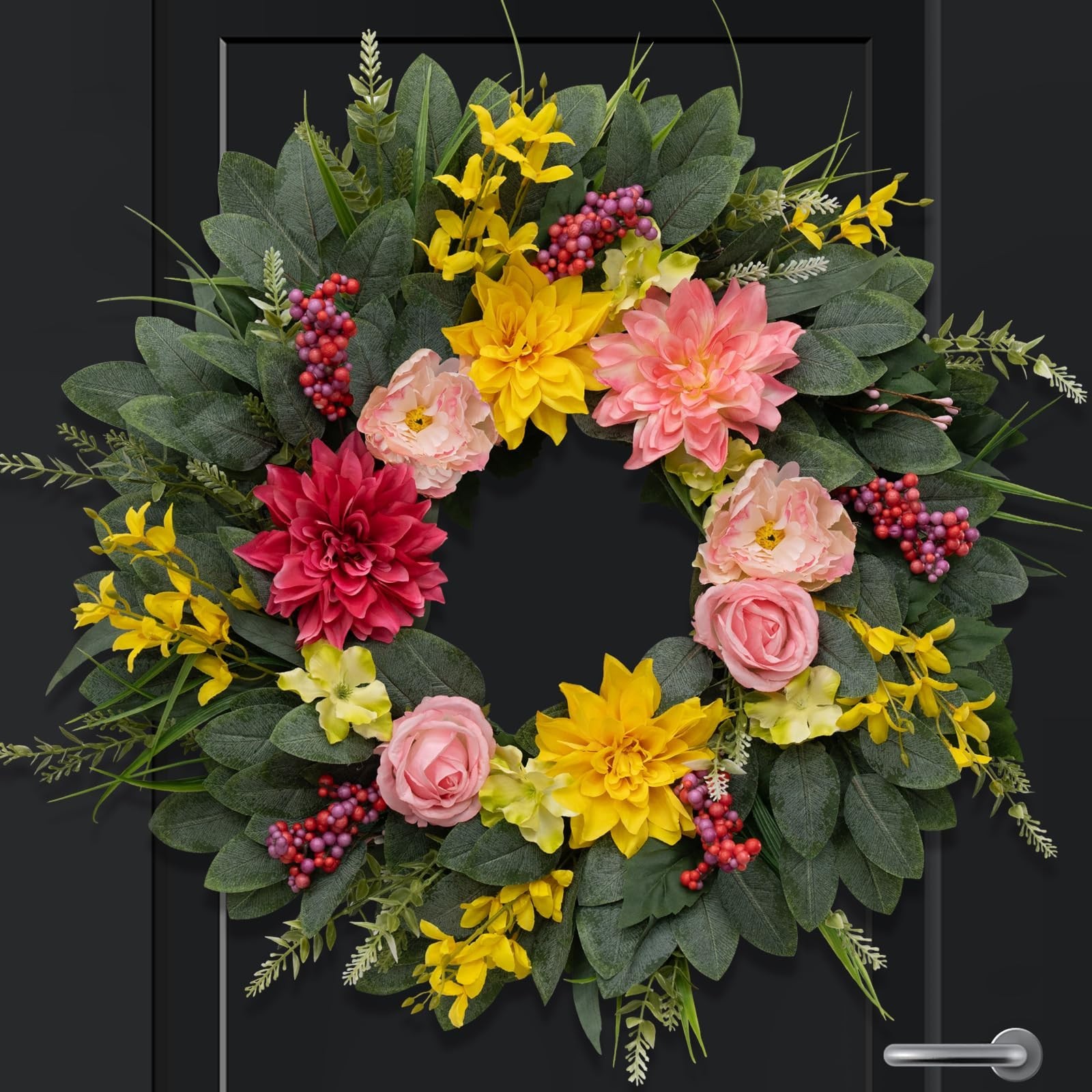 24″ Eucalyptus Wreath with Sunflowers & Daisies – All Season Door Decor, Indoor/