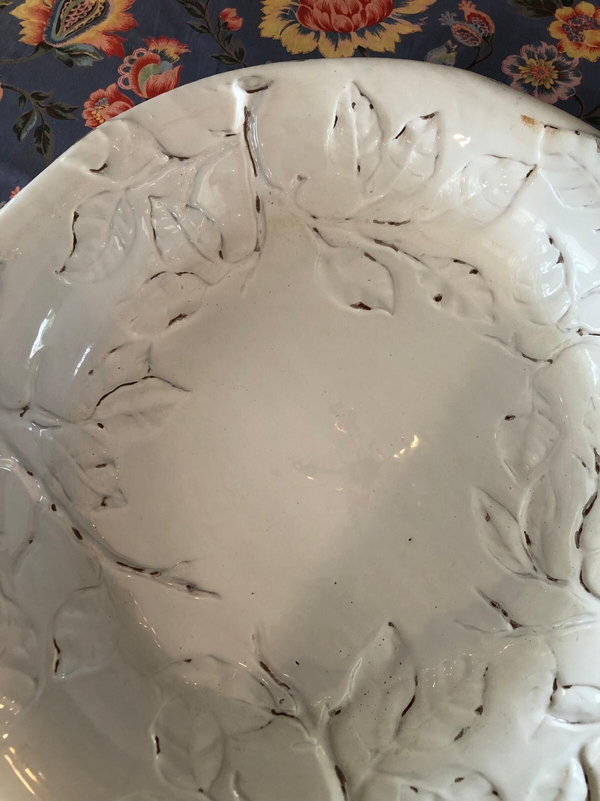 Italian Plate with leaves in relief brownish markings 20” Diameter
