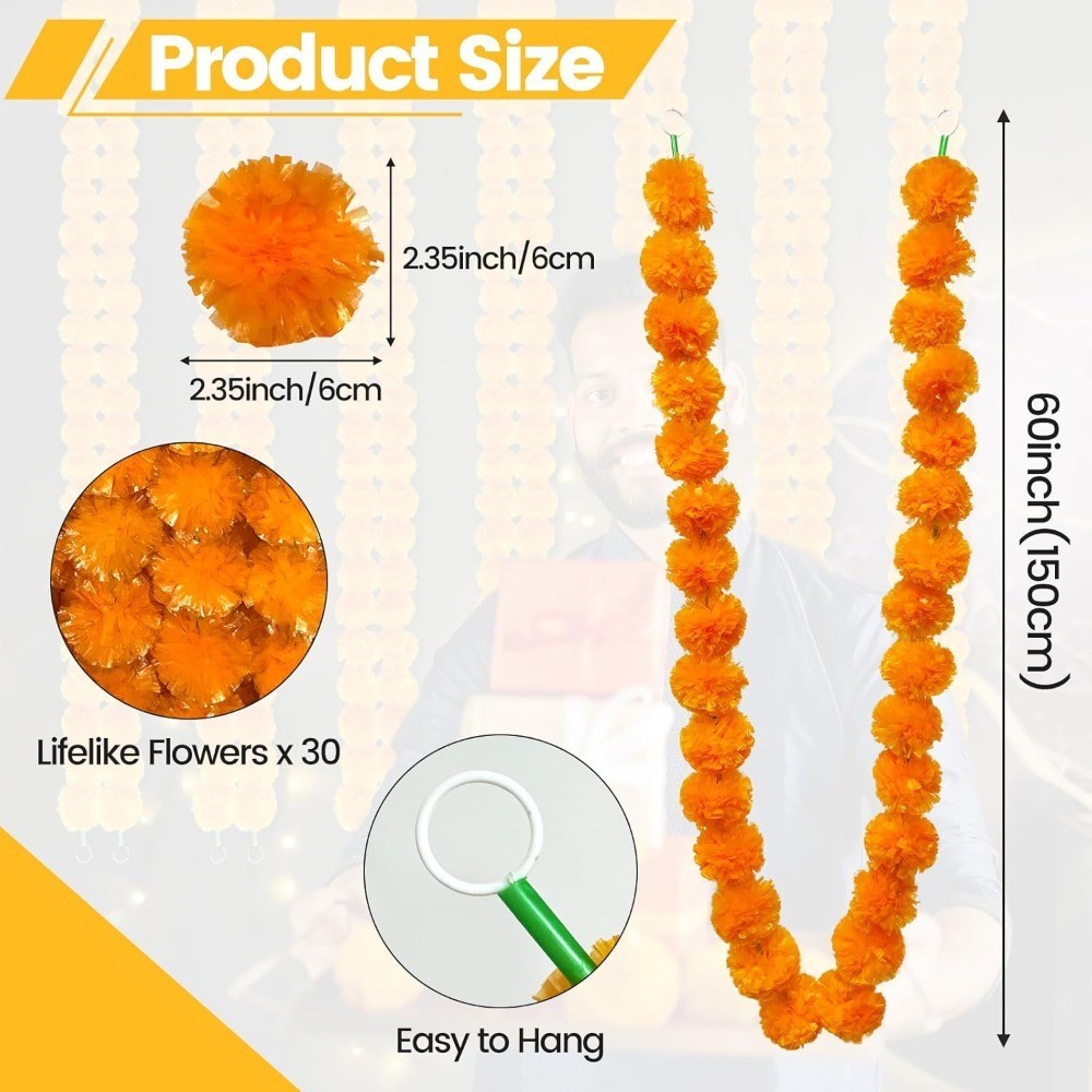 Artificial Marigold Garland 5 Feet Orange for Decoration Indian Pooja Diwali