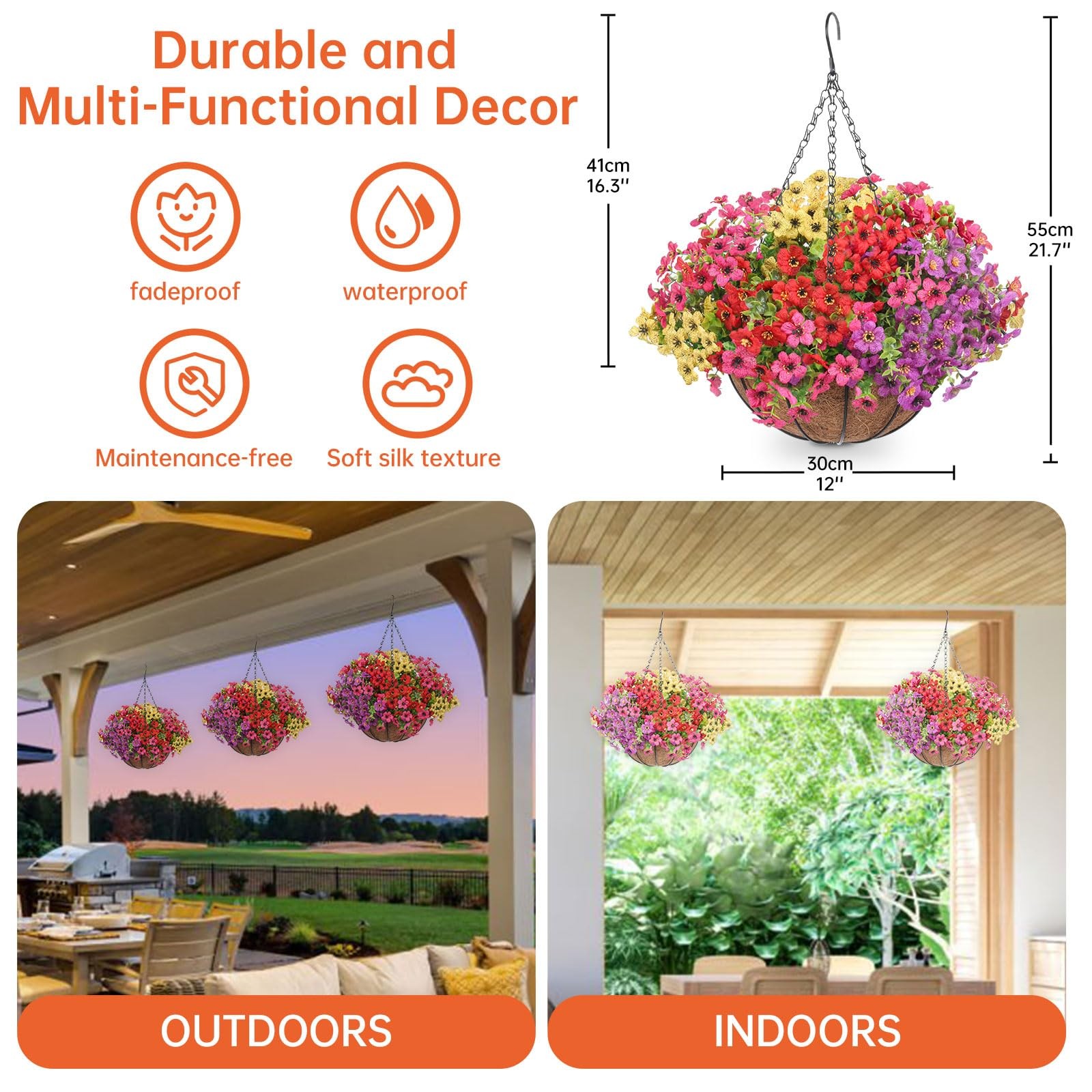 Artificial Hanging Faux Flowers Basket, Fake Silk Daisy Eucalyptus Plants Arr…