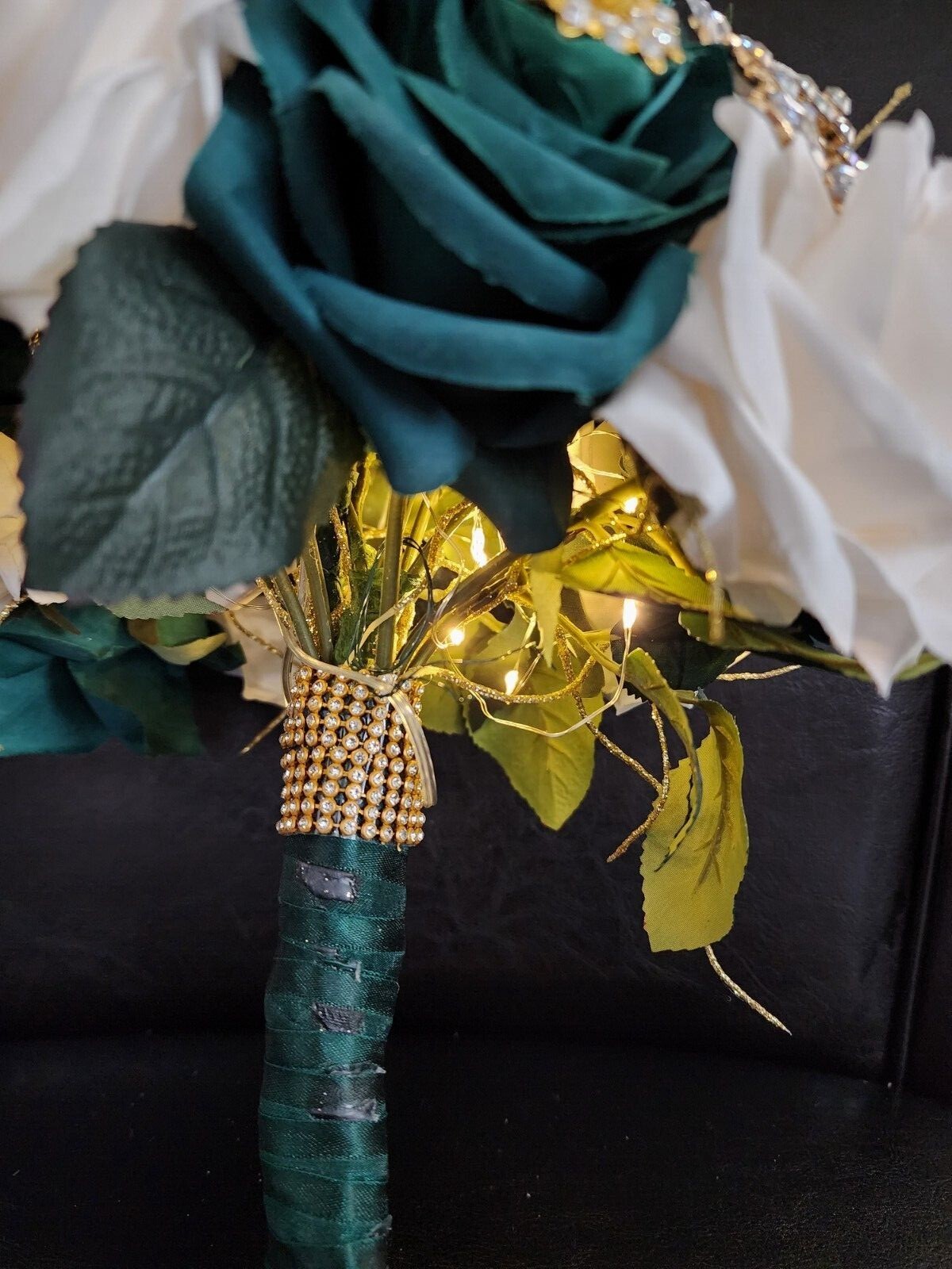 Emeral Green & Ivory Luxury Bouquet with Lights for Quinceneras & Weddings