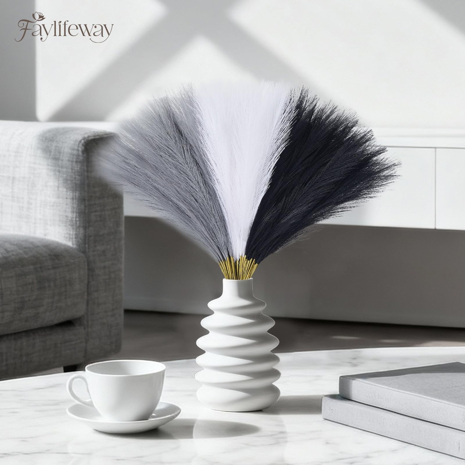 50pcs Pampas Grass 17in, Black and White Pampas Grass Artificial Fluffy Vase …