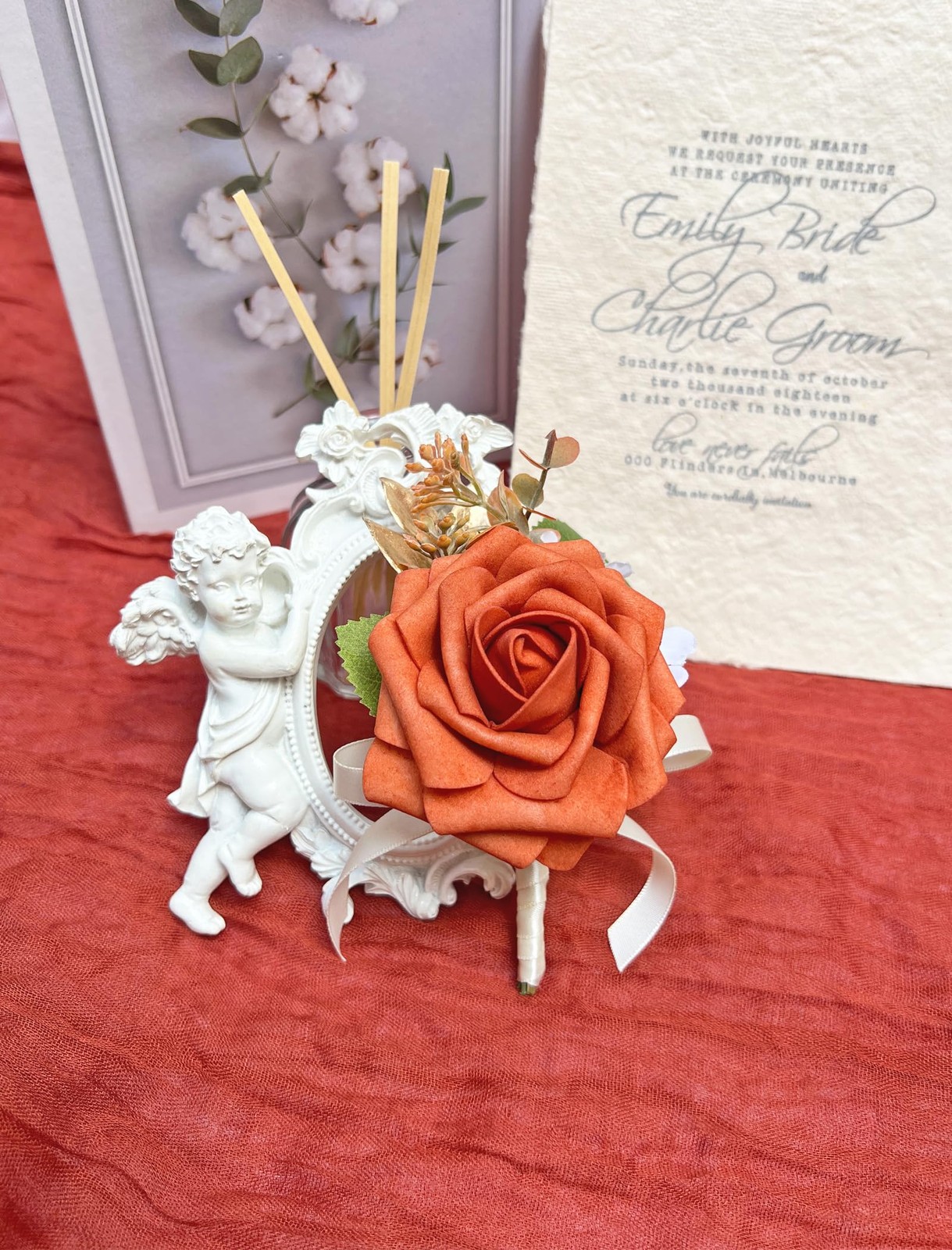 6 PCS Burnt Orange Rose Boutonniere Artificial Flower Men Wedding Groomsmen