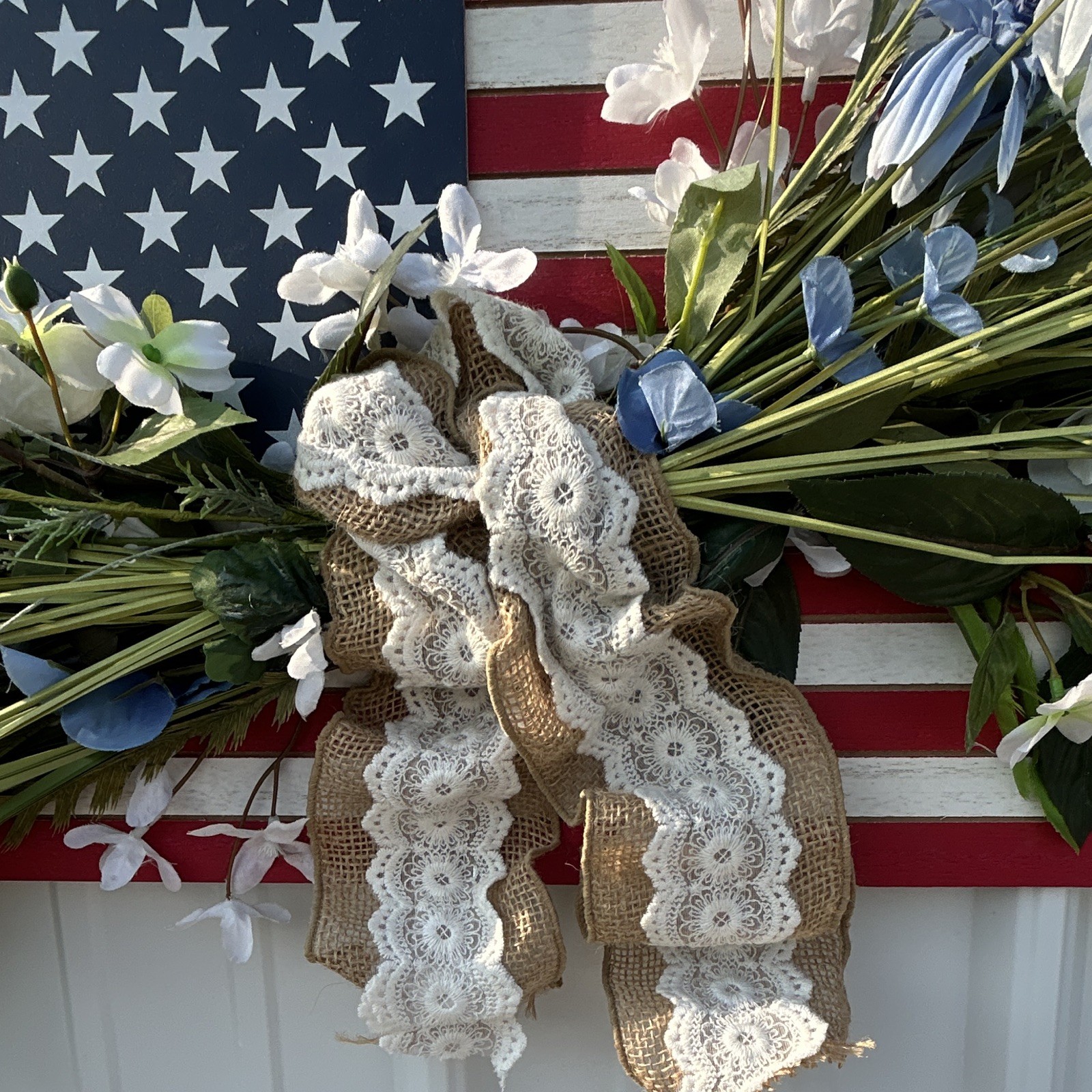 Patriotic American Flag Floral Swag Door/Wall Decor, Burlap Lace Bow