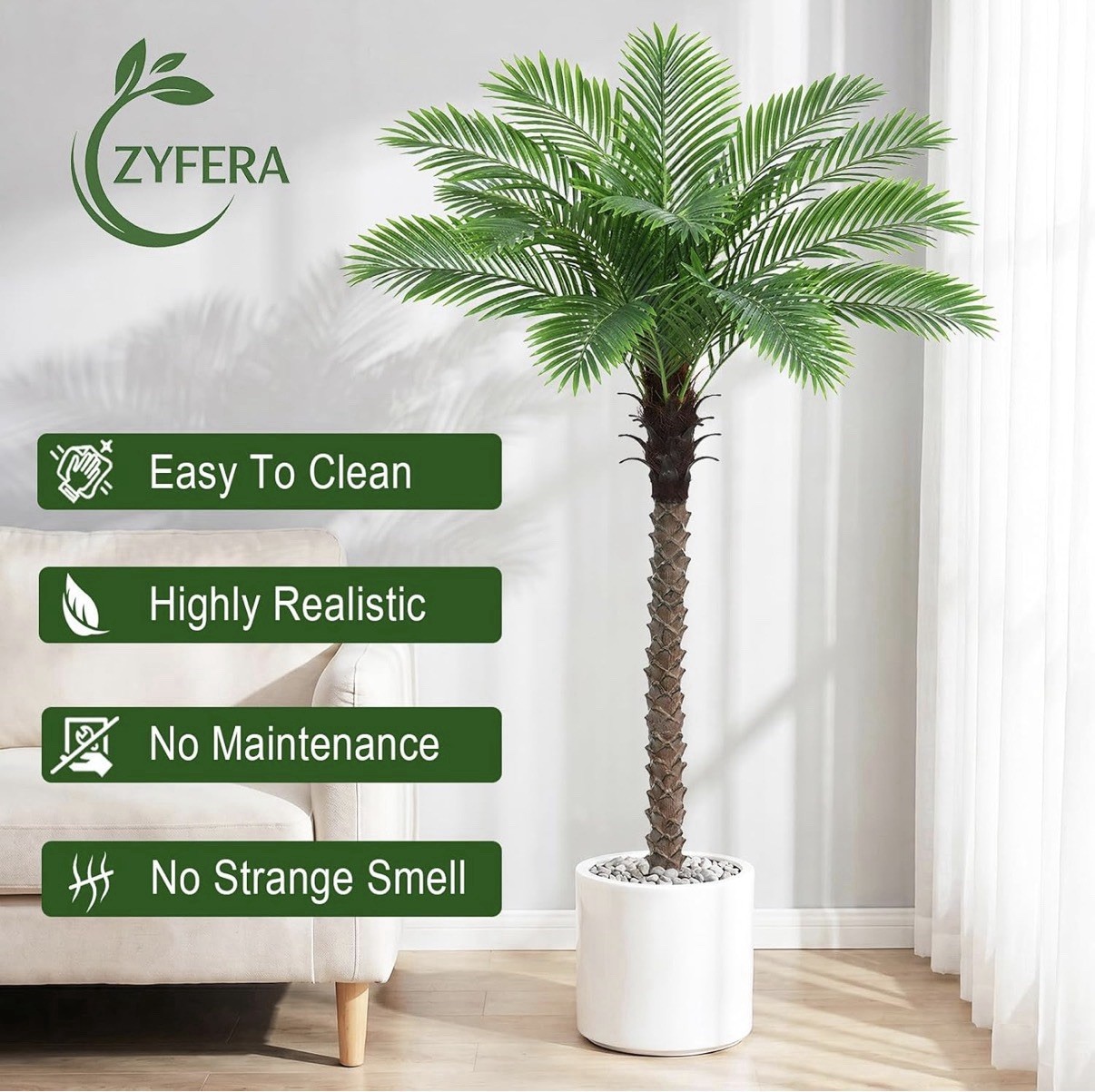 ZYFERA Artificial Palm Tree, 6ft (72in) Green/Brown, Tropical Planter