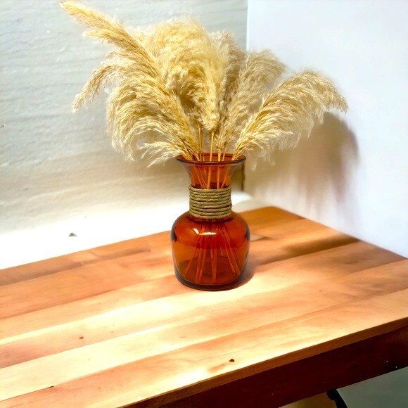 Orange Flower Glass Vase. With Natural Dried Pampas Grass Decor.