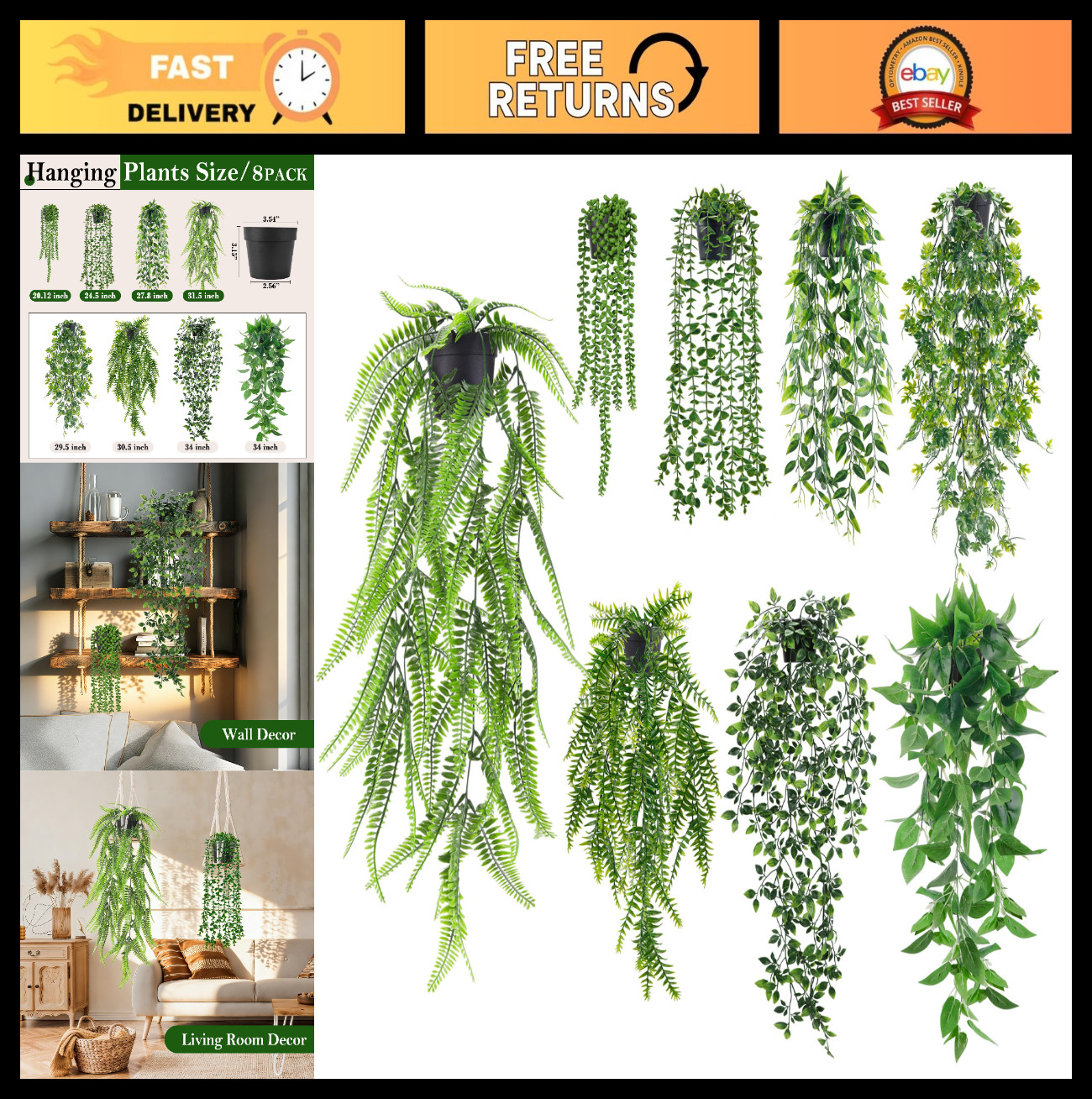8Pcs Artificial Ivy Vine & Eucalyptus Hanging Plants – Faux Greenery for Home De