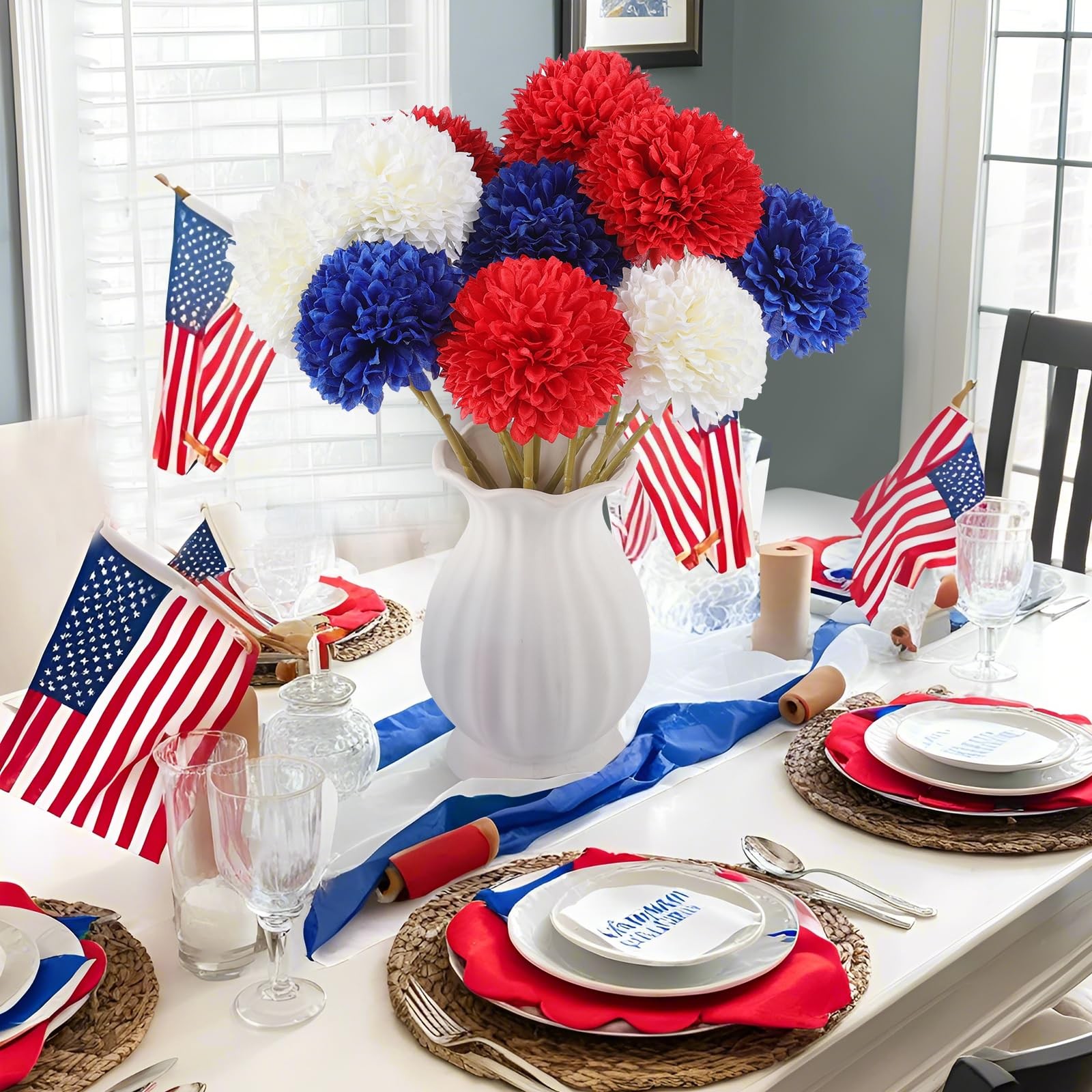 12 Pcs Artificial Chrysanthemums Flowers Patriotic Flowers 4th of July Fake M