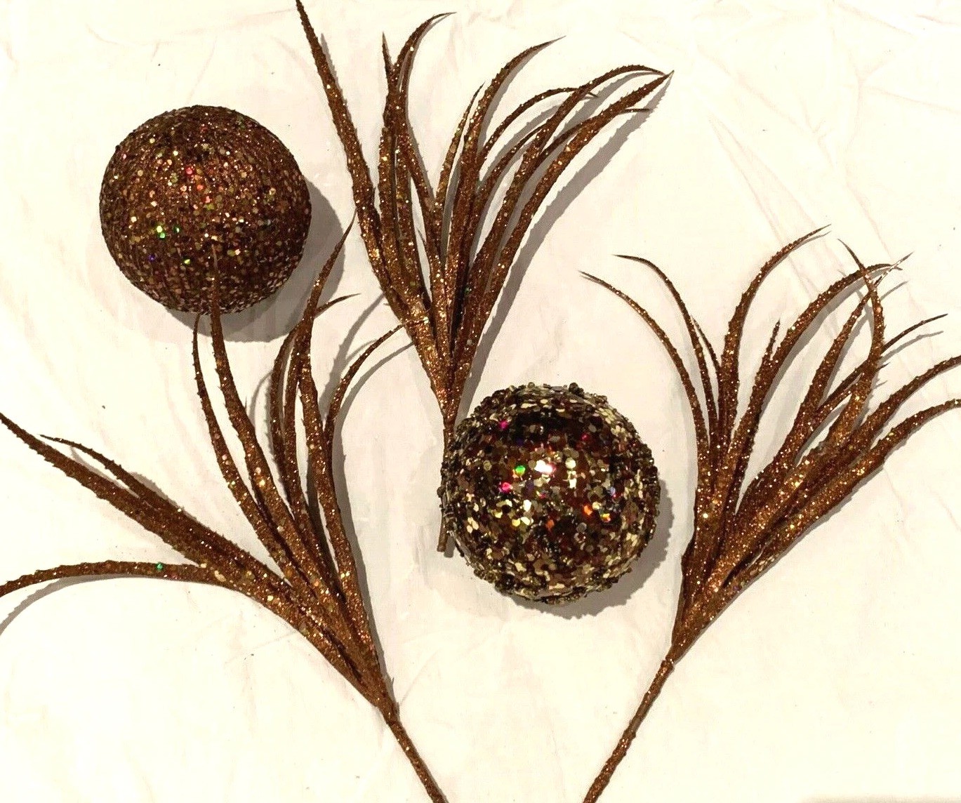 Bronze Gold Swag 2 Orbs 3 Feather Floral Picks Balls Sparkle Holiday Decorating