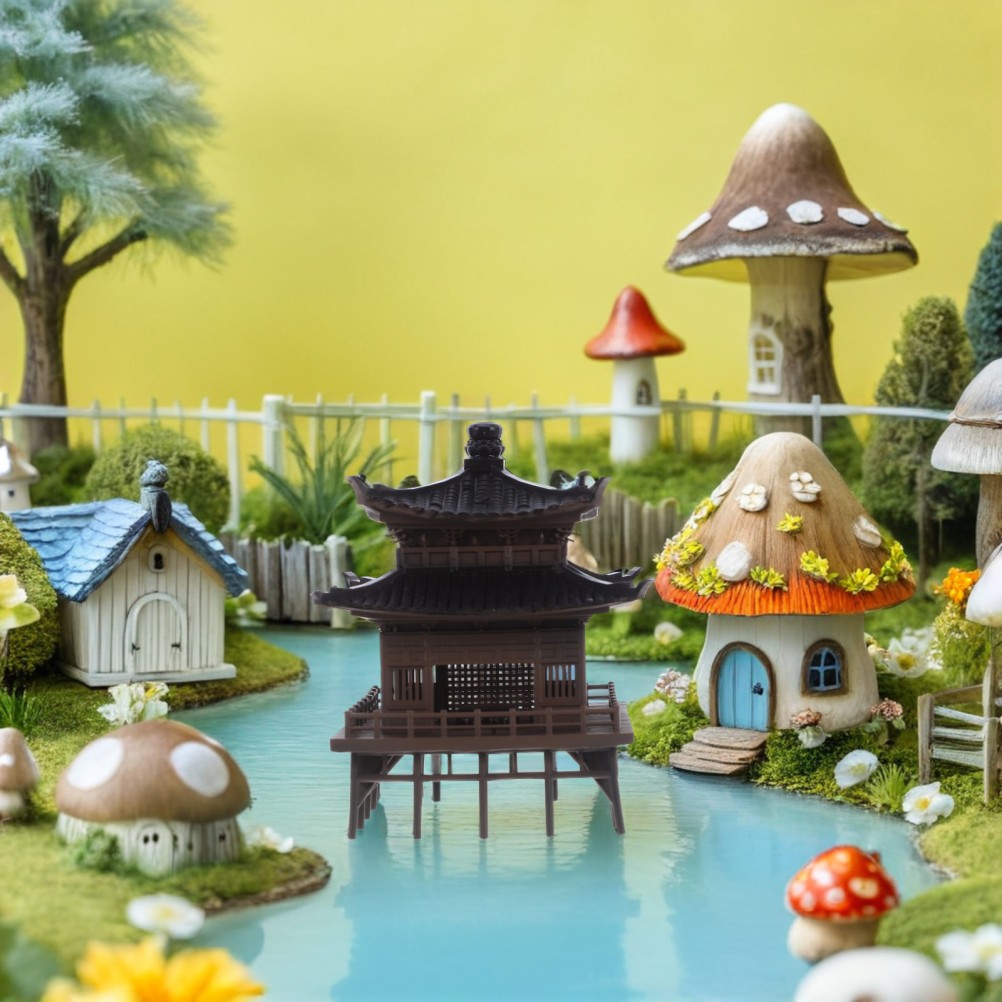 Light Brown Micro Landscape Pavilion Statue Plastic Decor for Home and Office